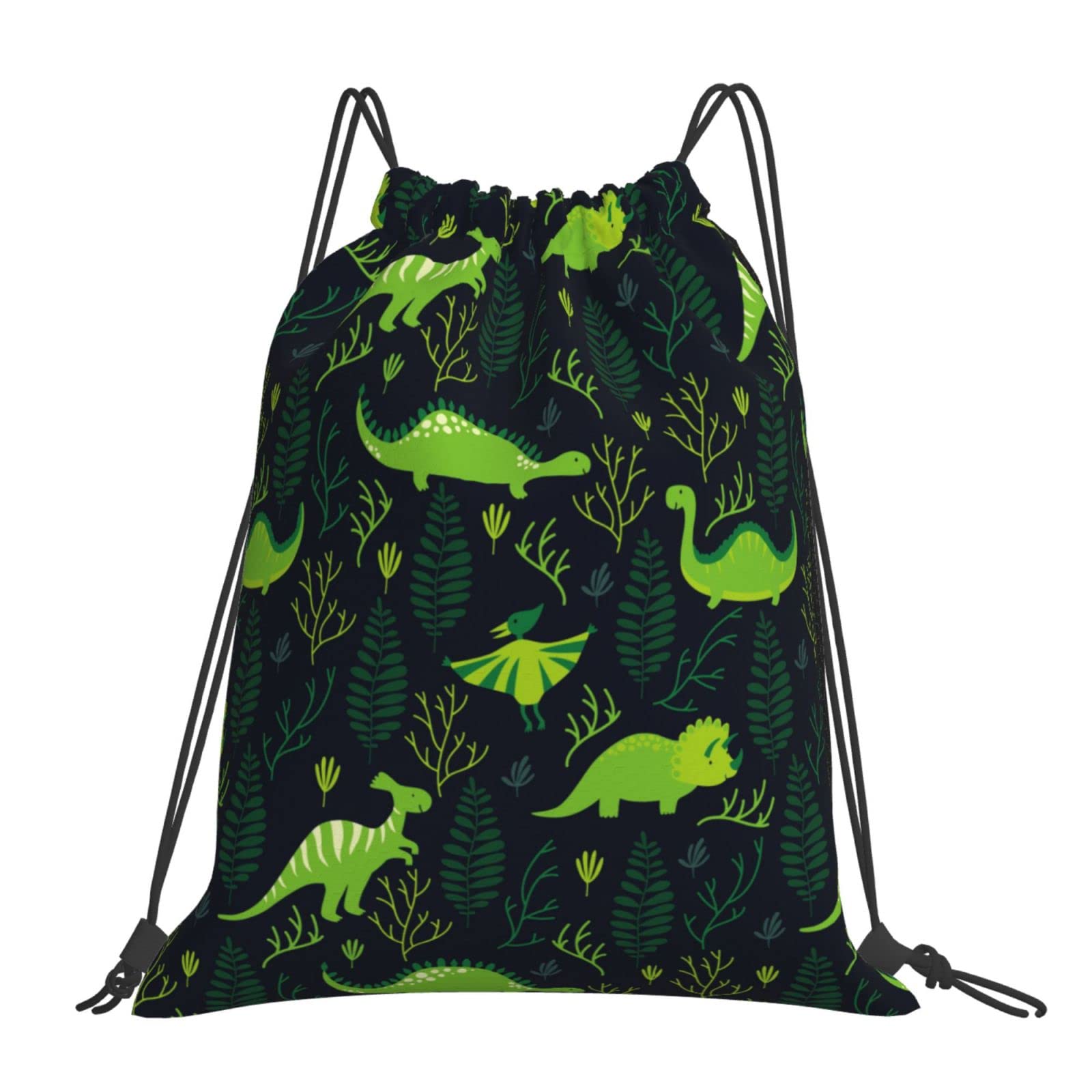 Richugui Unisex Black Green Drawstring Backpack Cartoon Dinosaur Drawstring Bags Sports Gym String Bag For Women Men Backpacks Training Yoga Bags