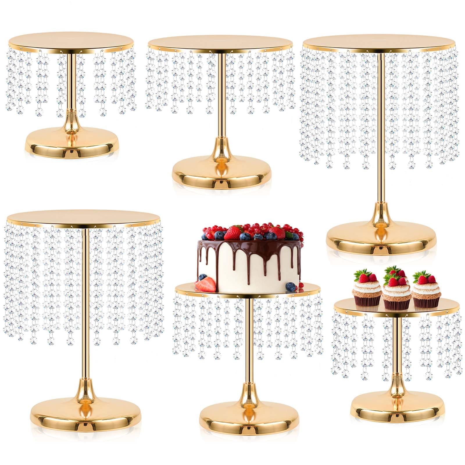 Metal Mirror Cake Stand Set with Crystal Pendants - Elegant Dessert Table Display for Weddings, Birthday Parties, Baby Showers, Events - Sturdy Crystal Bling Cupcake Stands for Pastries, Sweets, Decorations (Gold, Set of 6)