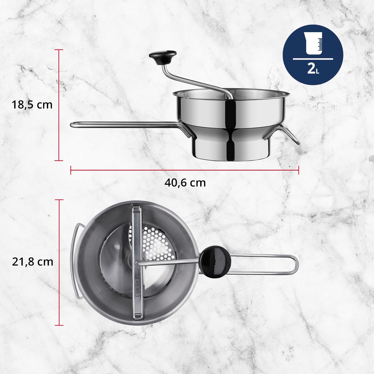 MEISTERKOCH Passiermühle aus Edelstahl 22 cm Durchmesser, 2 Liter Volumen, mit 3 Lochscheiben spülmaschinengeeignet | Passiergerät zerlegbar für Obst und Gemüse
