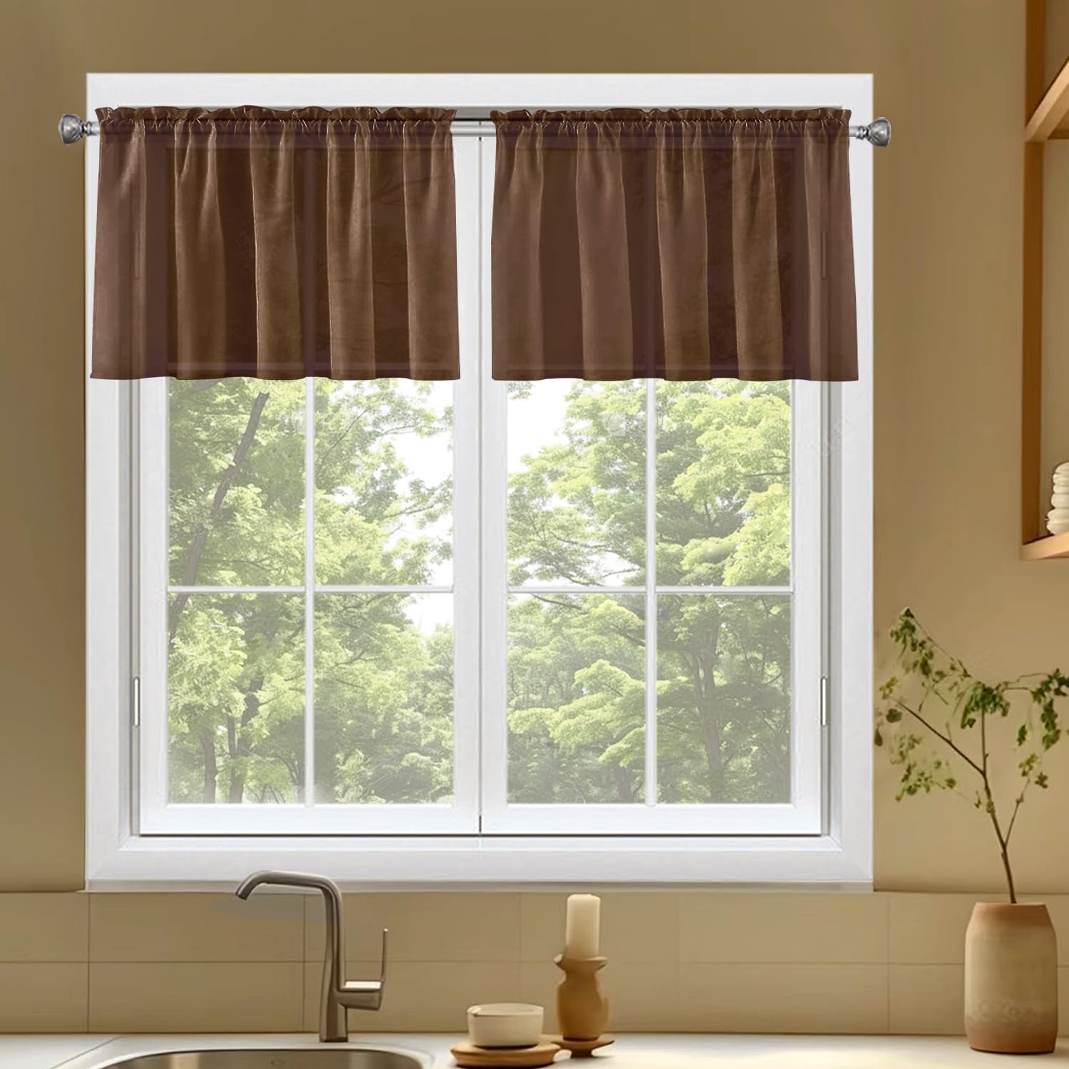 SpaceDresser Basic Rod Pocket Sheer Voile Window Curtain Panels Brown 1 Pair 2 Panels 52 Width 18 Inch Long for Kitchen Bedroom Children Living Room Yard（Brown, 52W x 18L） — image 1