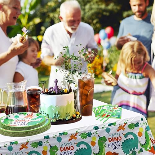 Miniatura 6 de Juego de 160 suministros para fiesta de cumpleaños de dinosaurio, juego de vajilla temática de dinosaurio, platos de feliz cumpleaños, platos de