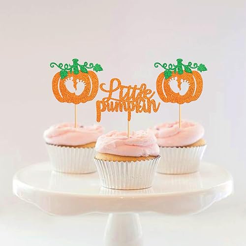 Miniatura 4 de Ercadio Paquete de 24 adornos para cupcakes de calabaza con purpurina con temática de otoño, pies de bebé, decoración de cupcakes de calabaza para