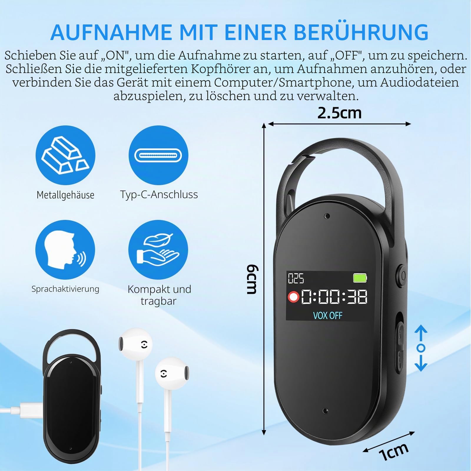 64 GB Digitales Diktiergerät - tragbarer Mini-Digitaler Audio-Aufnehmer mit Spracherkennung und MP3, Schlüsselanhänger-Design, AGC-Rauschunterdrückung, für Unterrichte, Meetings (Black)