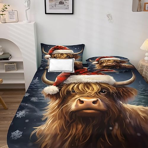 Miniatura 3 de zcsm Highland Cow Sábanas tamaño individual  Sábanas de cama de animales de granja de Navidad, microfibra suave y bolsillo profundo, sábanas y