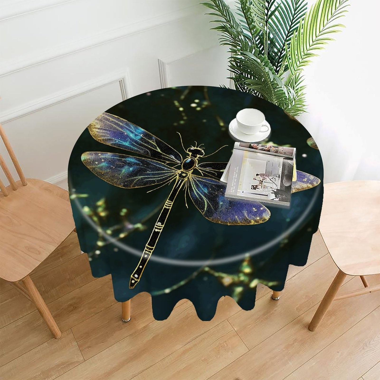 VstaDank Dragonfly Tablecloth Easy to Clean Polyester Round Table Cover Washable Round Table Cloth Wrinkle-Free Circle Decoration Tablecloth for Kitchen Dining Room 60"