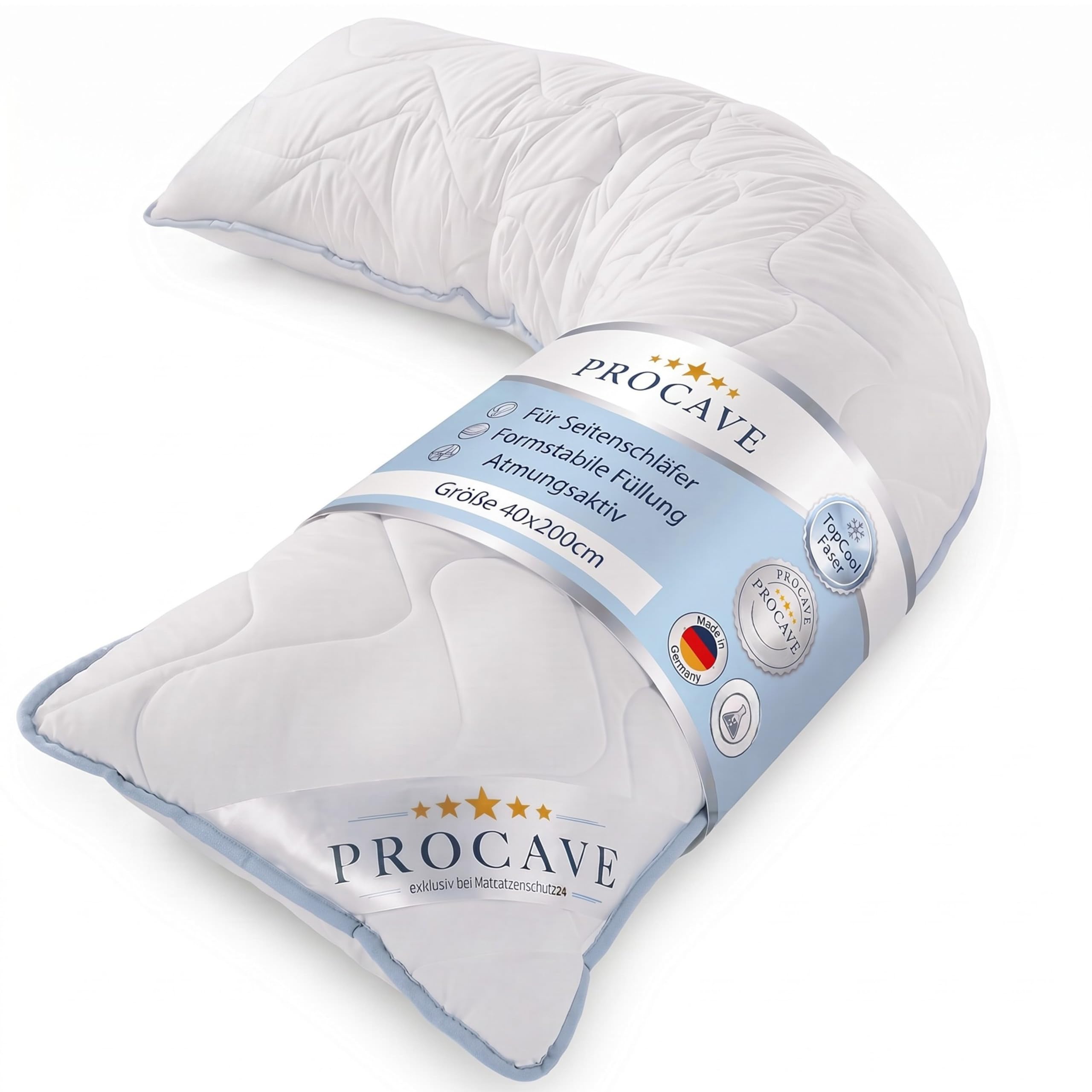 PROCAVE Cuscino Laterale, Fodera TopCool, Morbido e Traspirante per Allattamento e Gravidanza 40x200 cm, Made in Germany