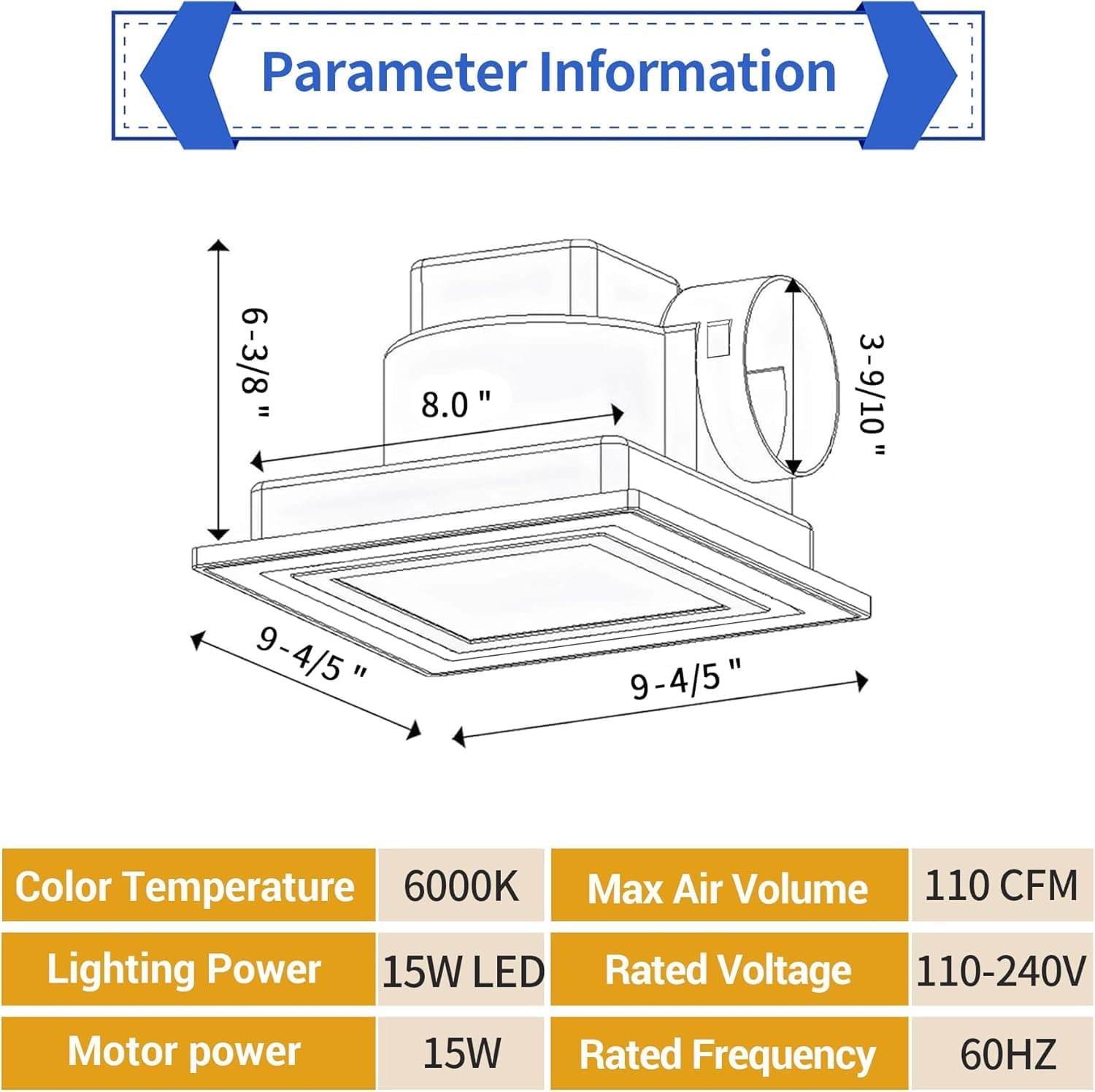 10" Ultra Quiet Bathroom Exhaust Fan with LED Light, Ceiling Mount, 1.0 Sones 110 CFM, 4" Duct, 8x8 Mount.