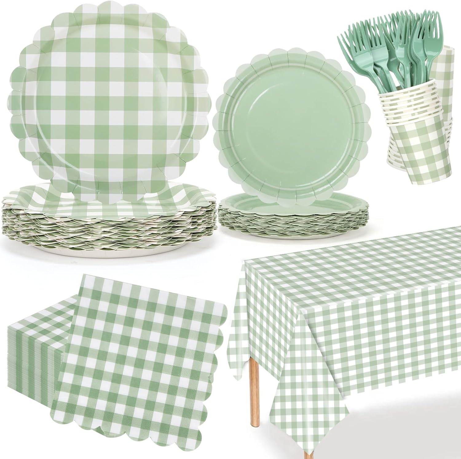 Sage Green Gingham Plates Party Supplies, 9’’and 7’’ Disposable Scalloped Paper Plates Napkins, Cups, Forks, Tablecloth Party Decorations for Baby Shower, Birthday, Wedding, Picnics, BBQ, Serves 25