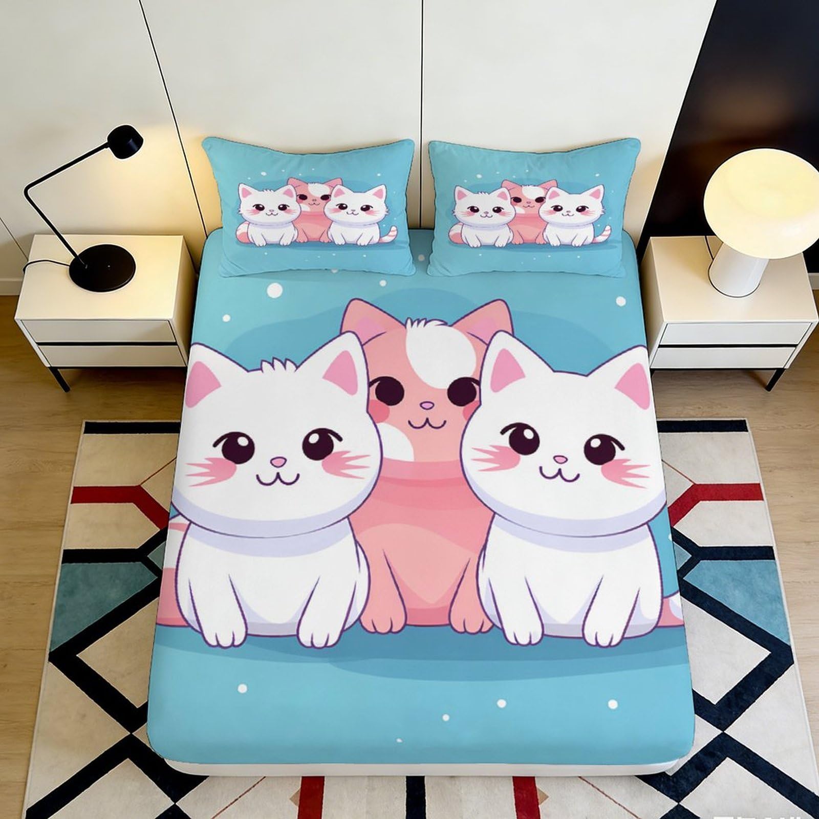 3D Printed Cartoon Cat Fitted Sheet Microfiber Soft Blue Kawaii Kitten Mattress Cover Bedroom Dorm Decor 90x200x25cm