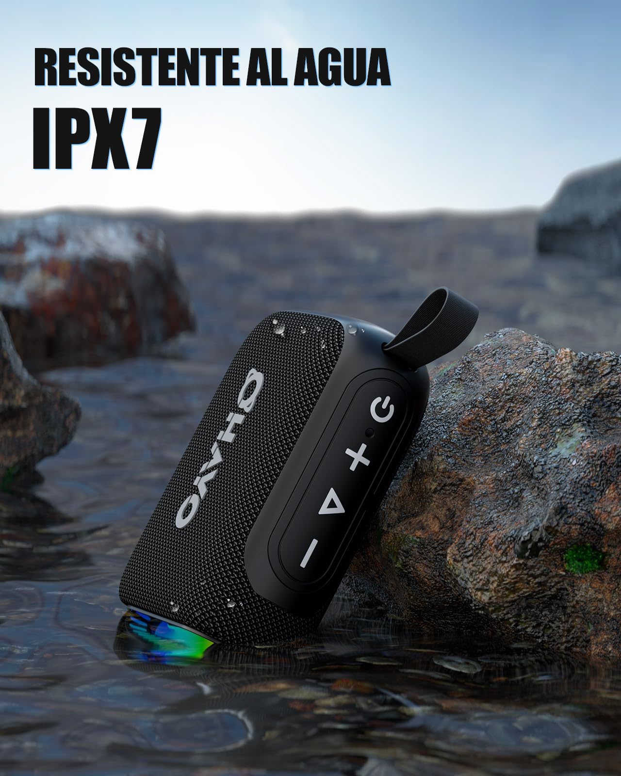 OHAYO Mini Altavoz Bluetooth Pequeño, Altavoz Portátil, Lluminación RGB, Batería de 24 Horas de Duración, Doble Emparejamiento Estéreo, IPX7 Impermeable, Bluetooth 5.3, Negro