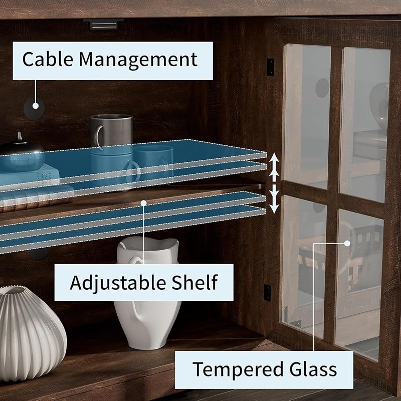 LUXOAK 63" Farmhouse TV Stand with 4 Glass Doors and Storage, Espresso image 6