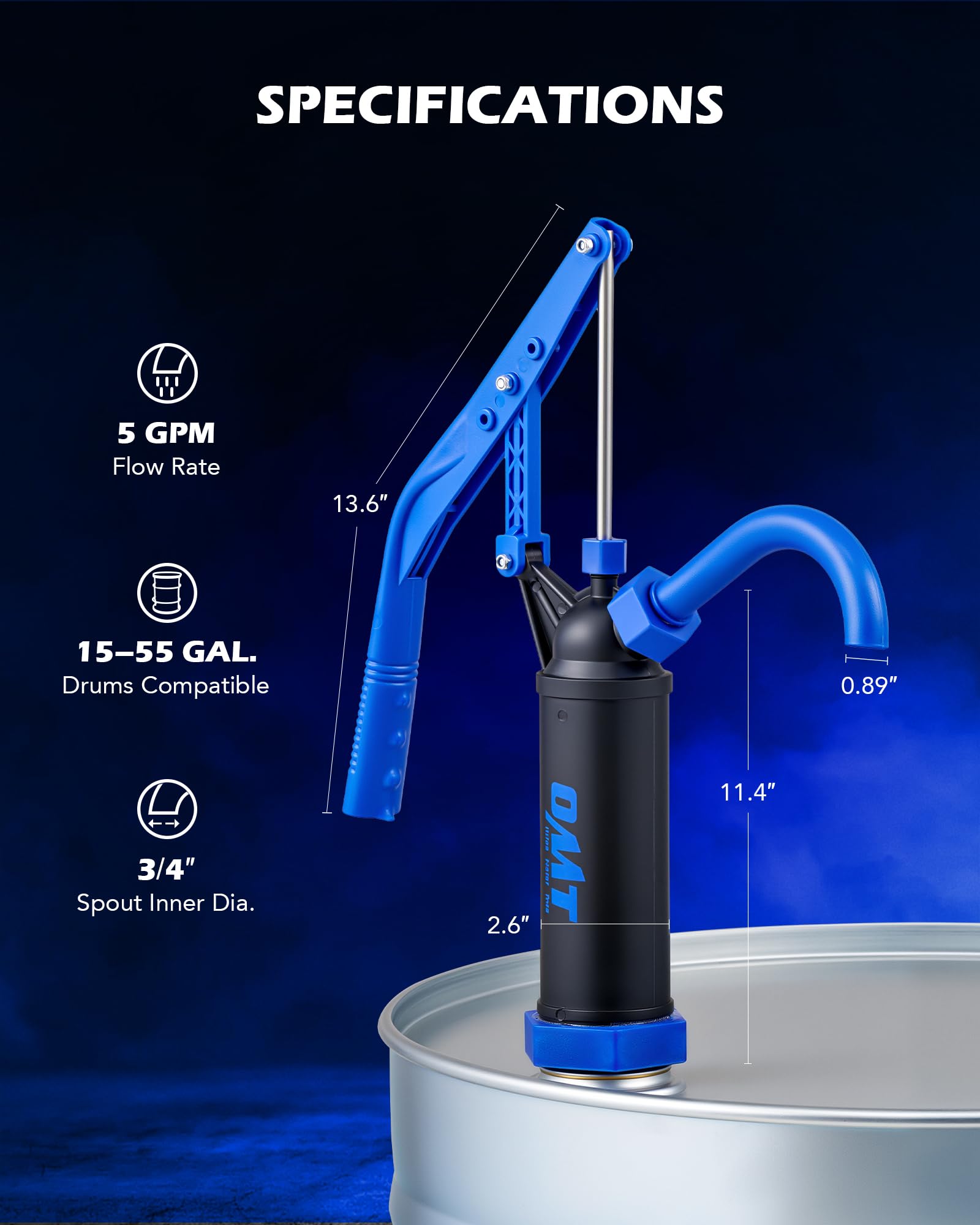 Orion Motor Tech 55 Gallon Drum Pump, Fits 5 to 55 Gallon Drums & Barrels, Lever Action Barrel Pump with 3 Section Suction Tube for Transfer of Chemicals, Acidic Solutions, Fuels, Water Based Fluids