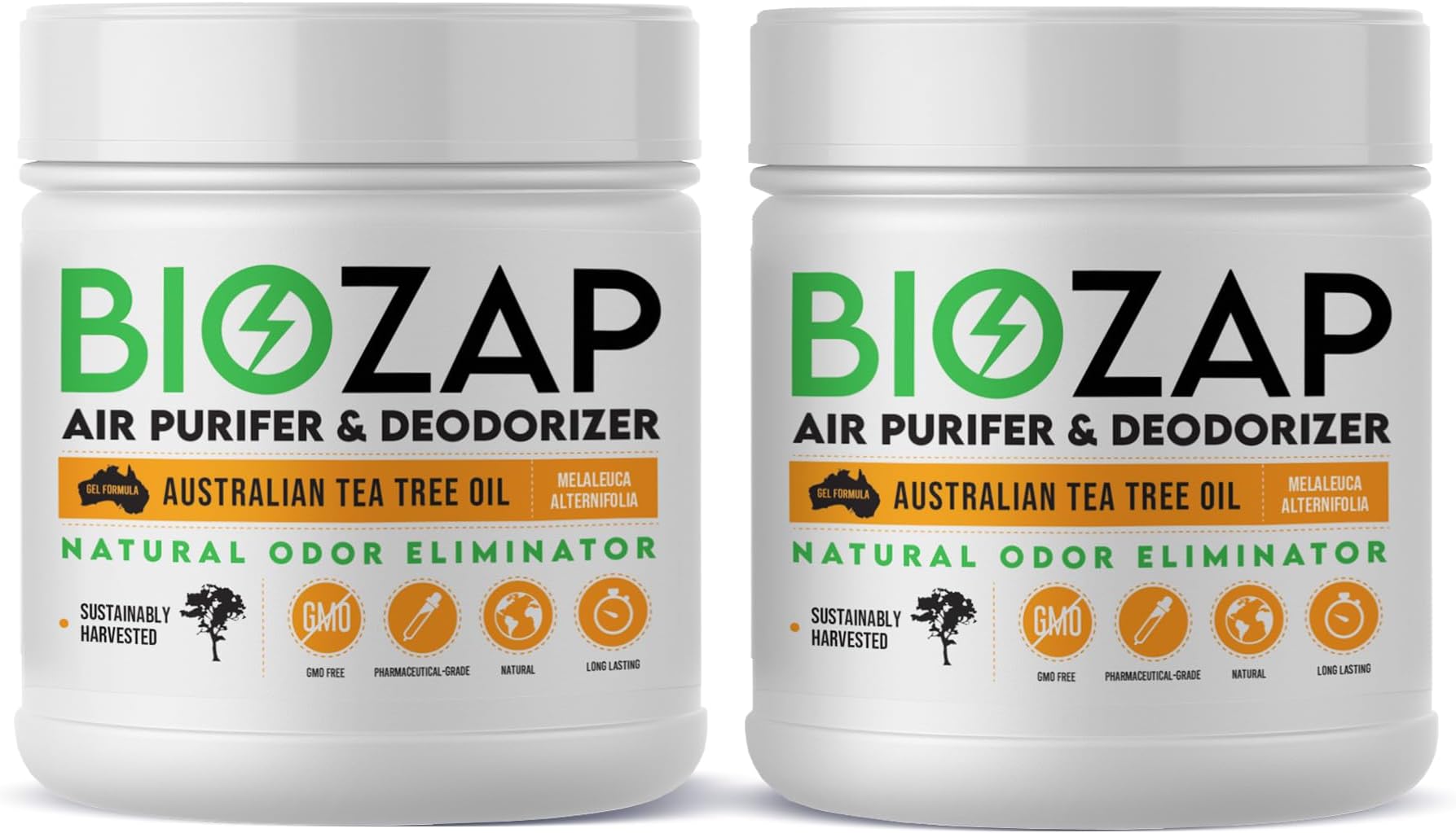 BioZap Air Purifier & Deodorizer (2-Pack) Pharmaceutical-Grade Australian Tea-Tree Oil Gel, Naturally Cleans Odors, Basements, Crawlspaces, Boats, Gyms & More, Natural Scent.