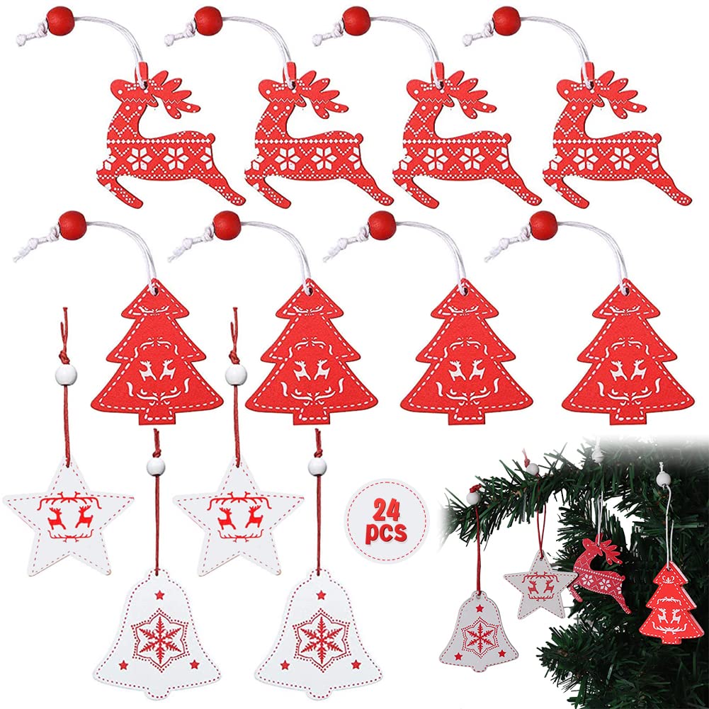 Adornos Madera Árbol de Navidad,24 PCS Madera Navidad Decoracion,Varios Adornos de Madera para árboles de Navidad, Alces, árbol de Navidad Rojo, Campanas Blancas, Estrella Blanca de Cinco Puntas