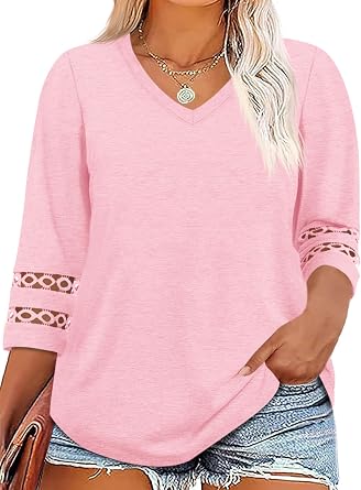 Beautife Womens Plus Size 3/4 Sleeve Tops V Neck Loose Fit Tee Shirts Dressy Casual Eyelet Lace Tunic Blouse