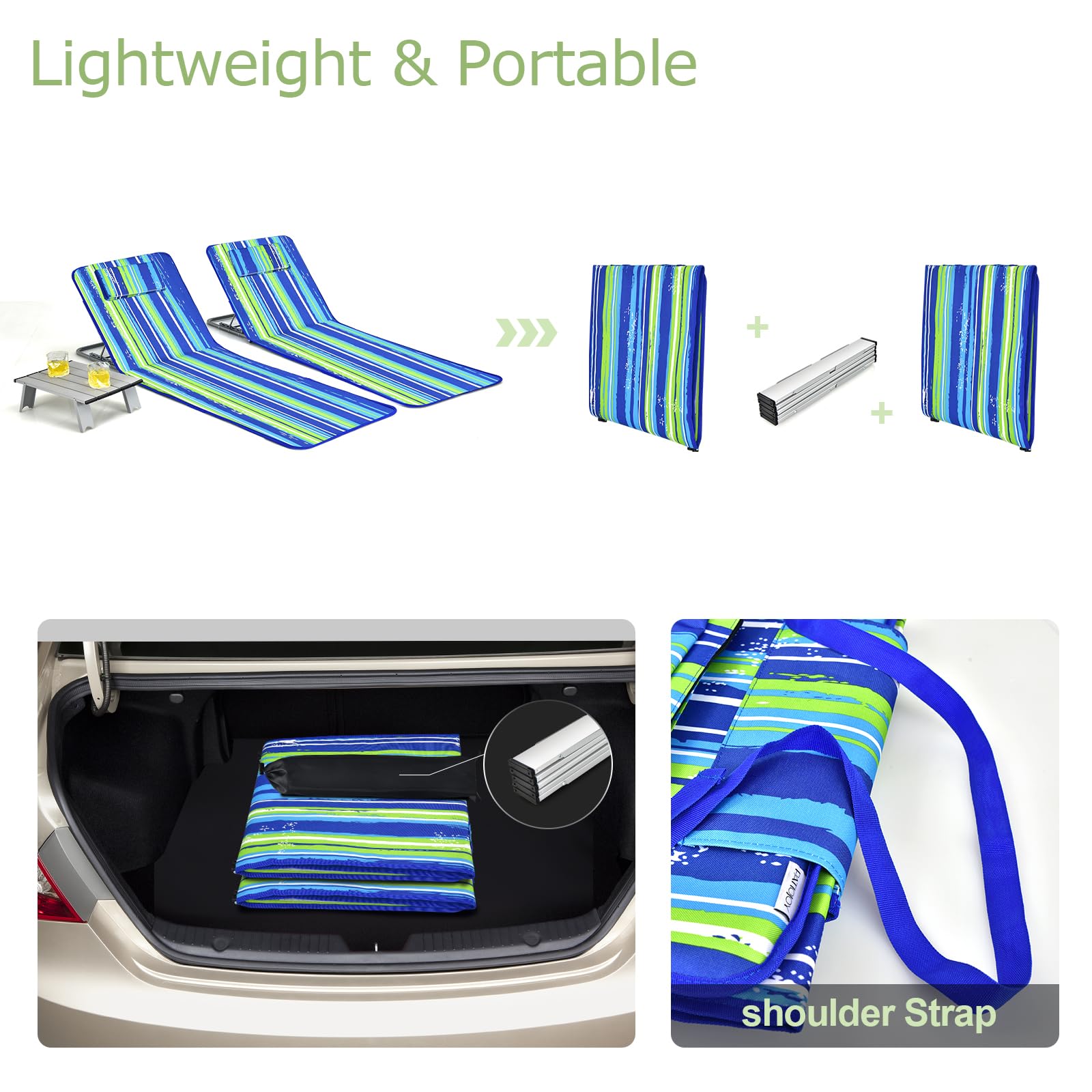KOMFOTTEU Set di 2 Lettini da Spiaggia con Tavolino, Stuoia Mare Imbottita Reclinabile in 5 Livelli Pieghevole, Tappetini da Spiaggia con Poggiatesta Rimovibile, Portabile con Tracolla, Blu e Verde