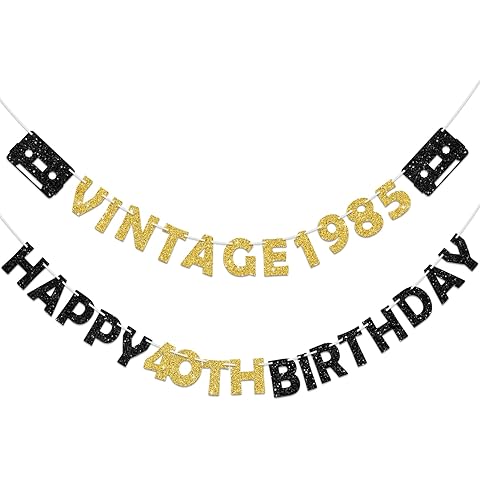 Pre-Strung Black Gold 40th Birthday Banner Decoration for Men Women, Glitter Vintag...