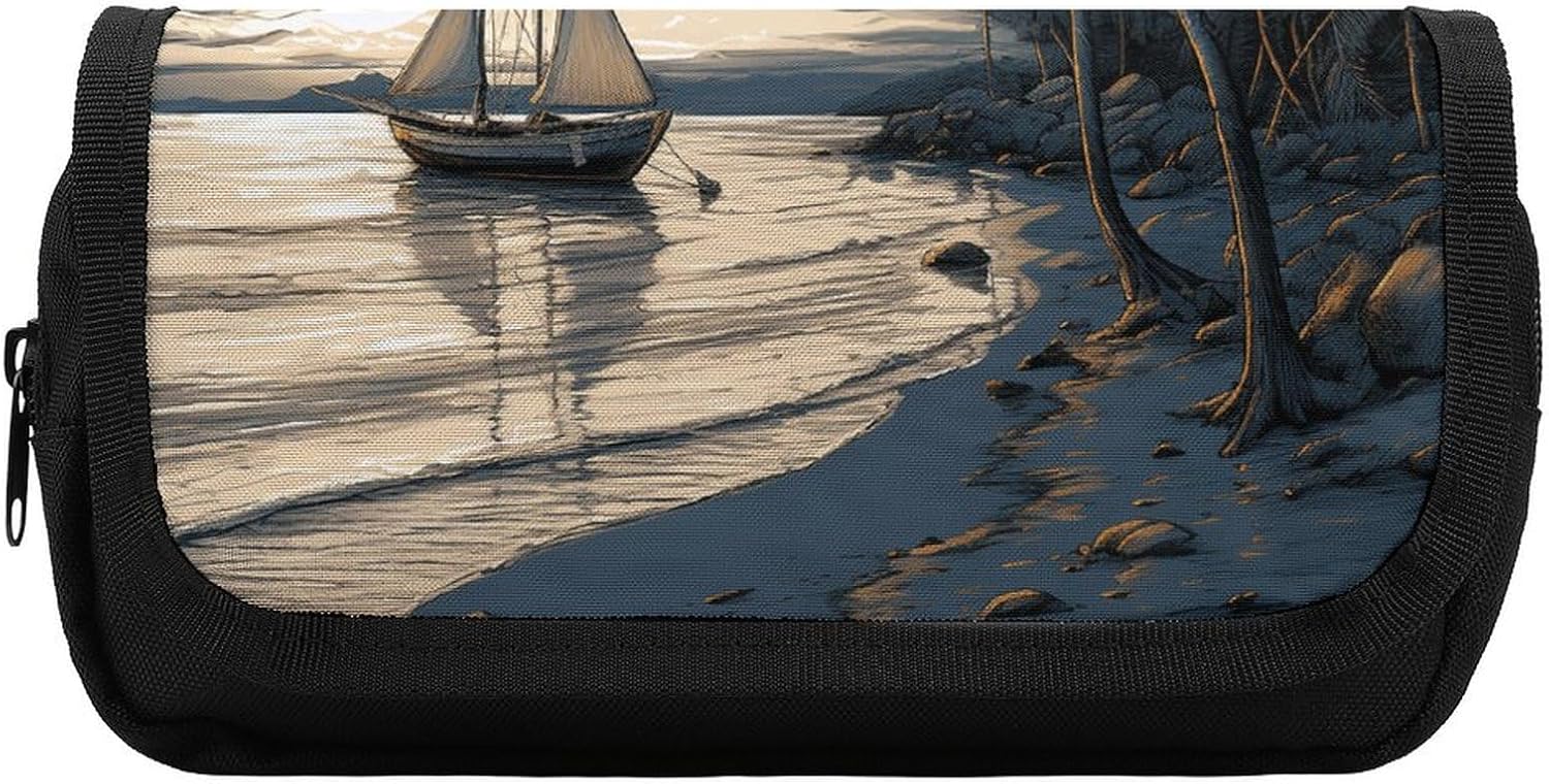 Pencil Pouch Palm Trees Fishing Boat Pencil Case for Men Women Cosmetic Bag Aesthetic Pen Bag for Office Multifunctional Bag Marker Pen Case