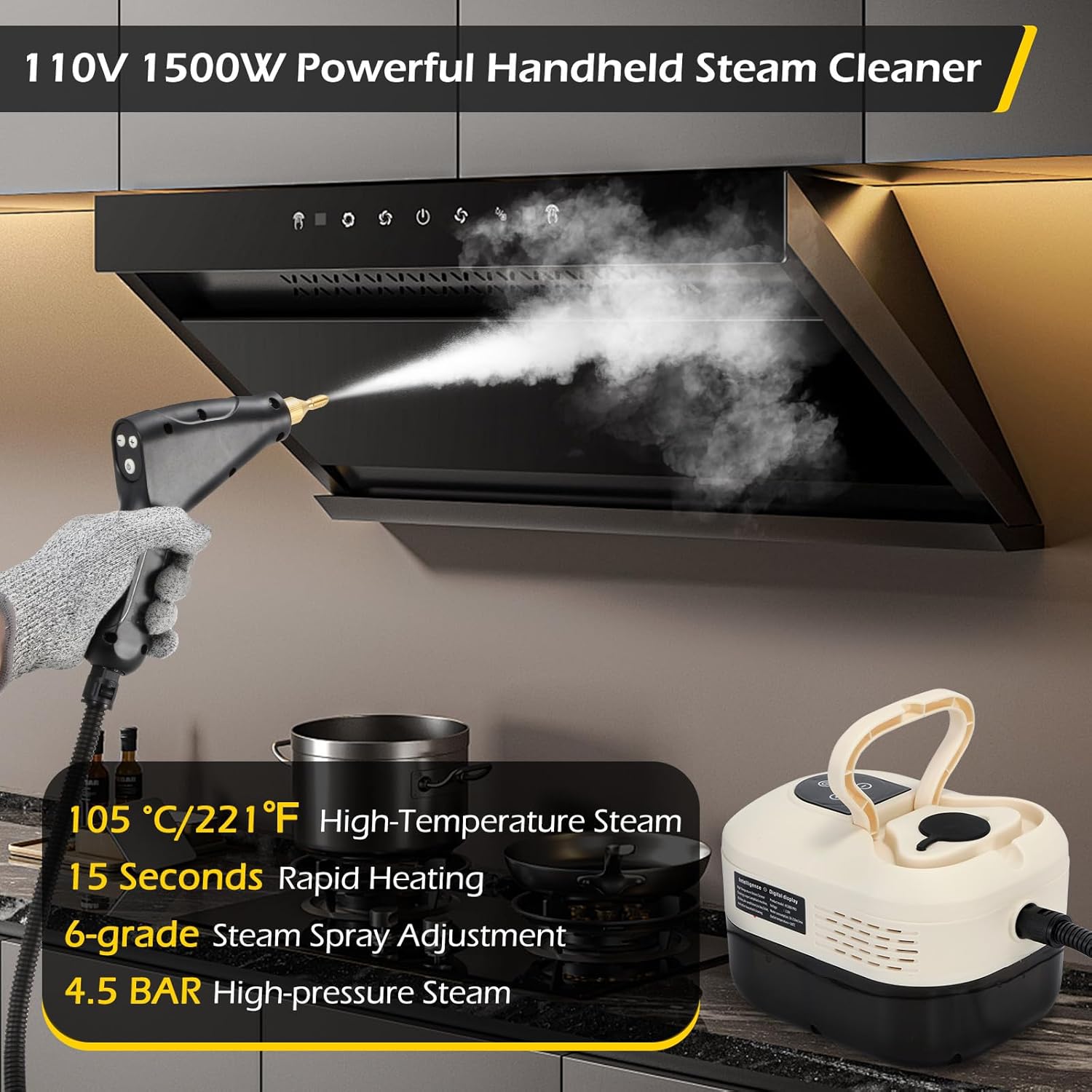 Dyna-Living Steam Cleaner 1500W Handheld Steamer for Cleaning Portable Car Steamer Cleaner, 221℉ High-Temp Steamer Cleaner for Home, Intelligent Touch Panel & Spray Gun Control
