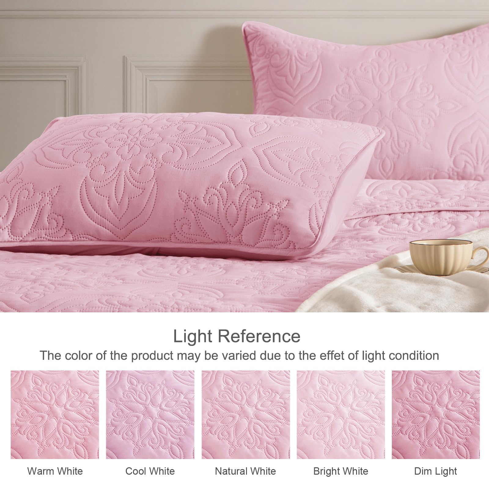 Juego de ropa de cama suave tamaño Queen para todas las estaciones, juego de edredón ultrasónico de damasco vintage, colcha reversible ligera, cubrecama con 2 fundas de almohada, rosa 4