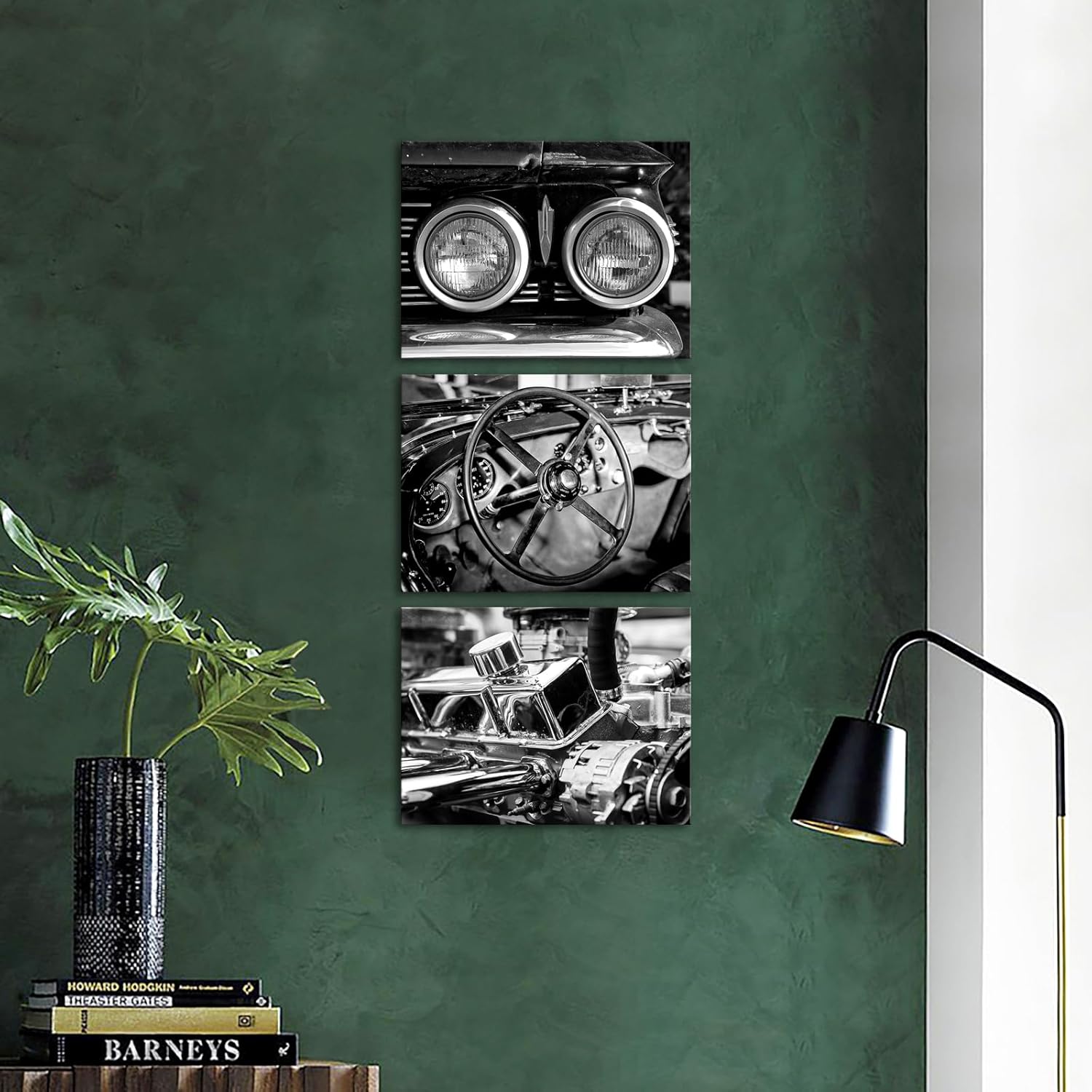 VANSEEING 3 Pieces Black and White Vintage Car Canvas Wall Art Retro Vehicle Engines Steering Wheel Cool Classic Pictures Wall Decor for Men's Boys Room Bedroom 12x16inchx3