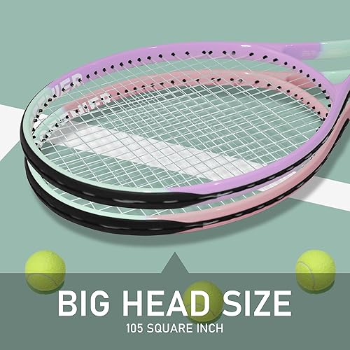 Miniatura 5 de OGEENIER Juego de raquetas de tenis de 27 pulgadas para adultos, raquetas de tenis preencordadas para principiantes, juego de tenis recreativo para