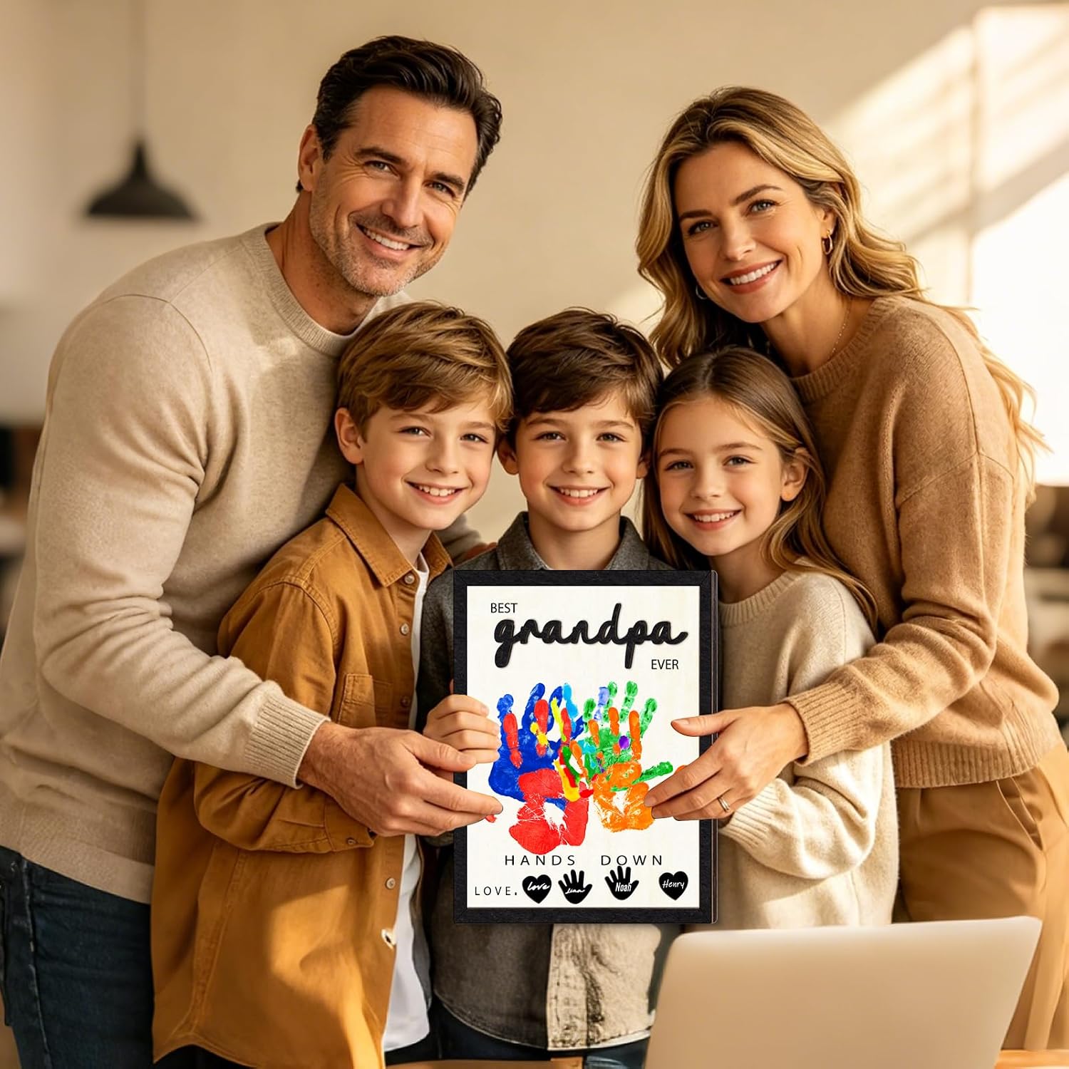 12 Inch Wooden Plaque Best Grandpa Ever Hands Down Sign, DIY Handprint Kit for Grandfather with Paints & Accessories, Toddler Crafts Fathers Day Gift for Dad from Grandkids for Papa Great Grandpa