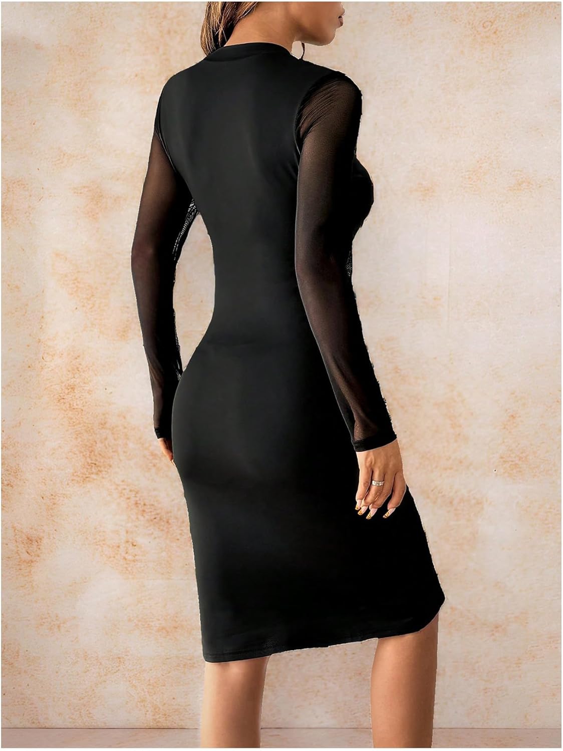 Floerns Women's Contrast Mesh Long Sleeve Bodycon Dress Slit Hem Mock Neck Pencil Dress - Image 2