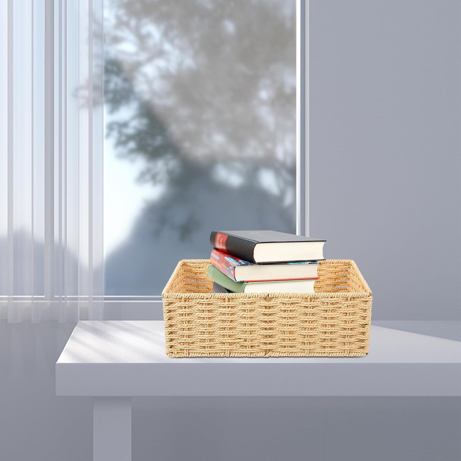 TEHAUX Woven Storage Basket Xmas Paper Rope Iron Desktop Organizer