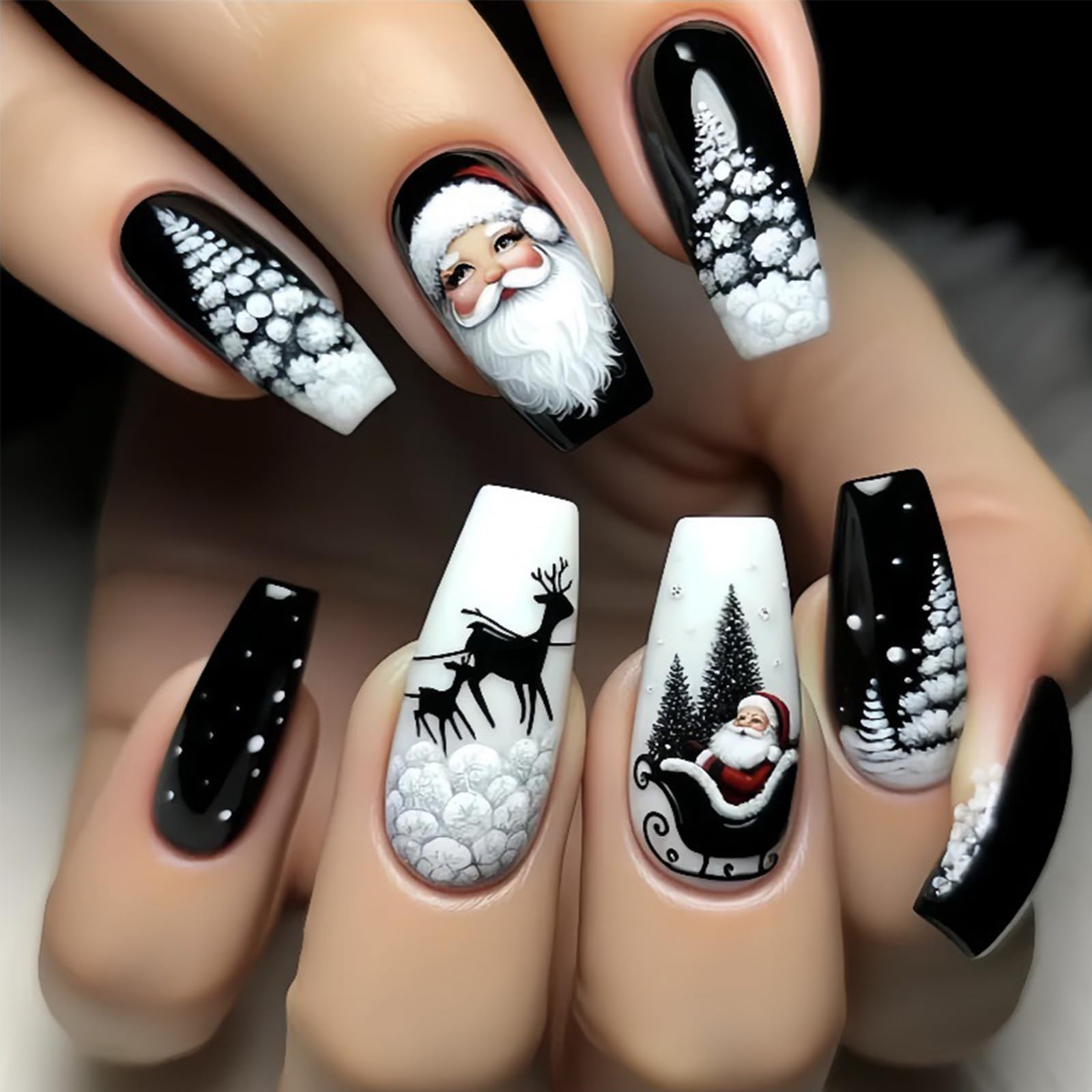 24Pcs Christmas Press on Nails Medium Coffin Fake Nails with Black Santa Claus Snowflake Elk Designs Glossy Glue on Nails Winter Xmas False Nails