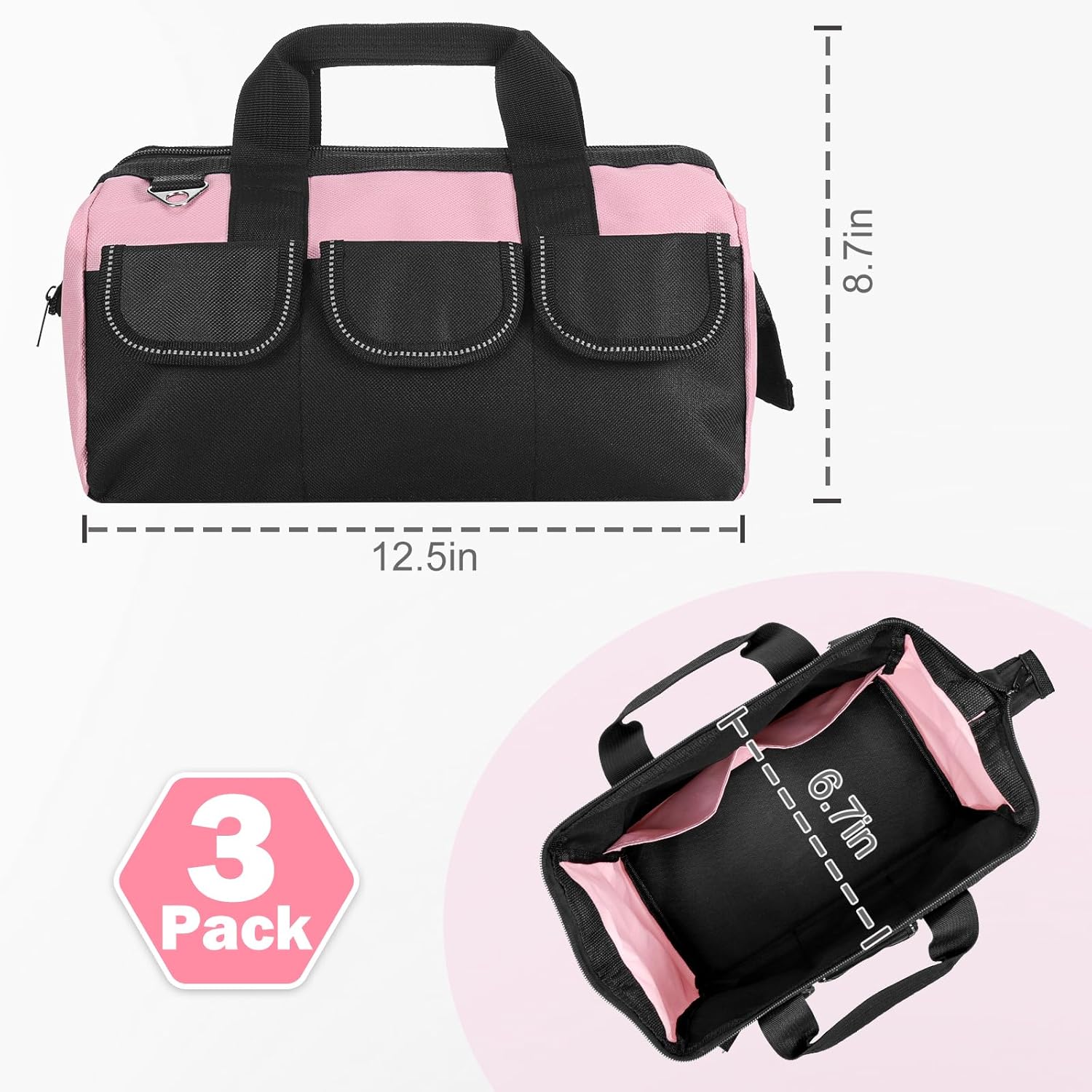 3 Pack Pink Tool Bag for Women, 13 Inch Heavy Duty Water-Resistant Tool Organizer Tote with Multiple Pockets, Wide Base & Zipper Closure for DIY, Crafting, Electricians, Tradeswomen, Home Repair