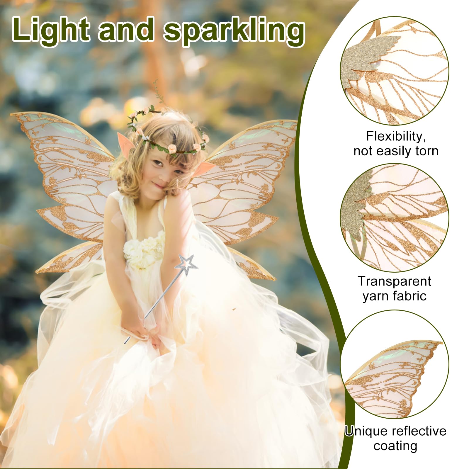 Fairy Wings for Adults Women Children Girls, 4Pcs Wings Fairy Costume Set with Wands, Headband & Elf Ears Adjustable Strap Halloween Costume Sparkle Angel Wing Dress Up Party Favor(Gold) - Image 2