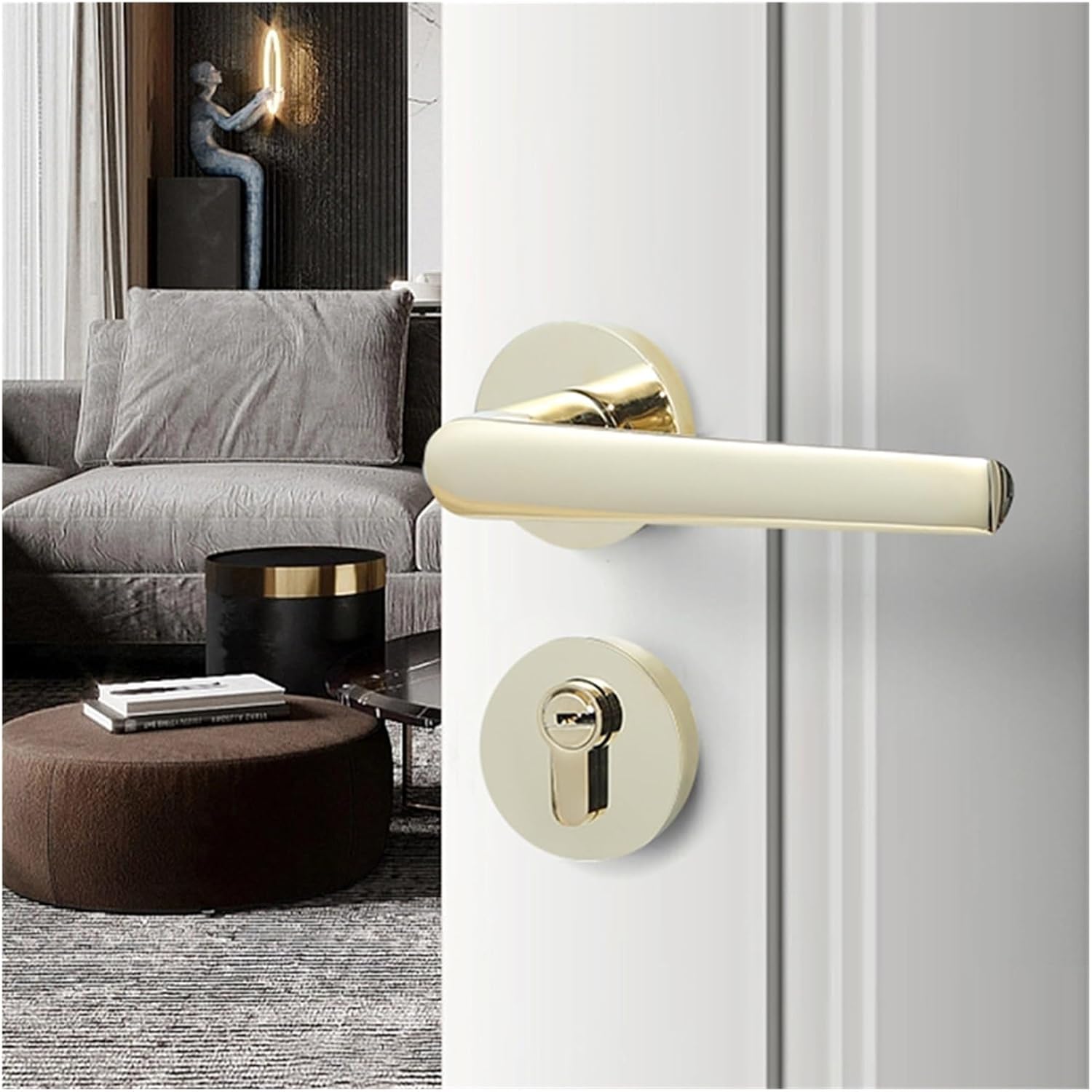 Jianou Bright Golden Brass Door Lock Modern Indoor Solid Wood Room Door Handle Lock Handle Split Copper Door Lock(FT01 22 Bright Golden)