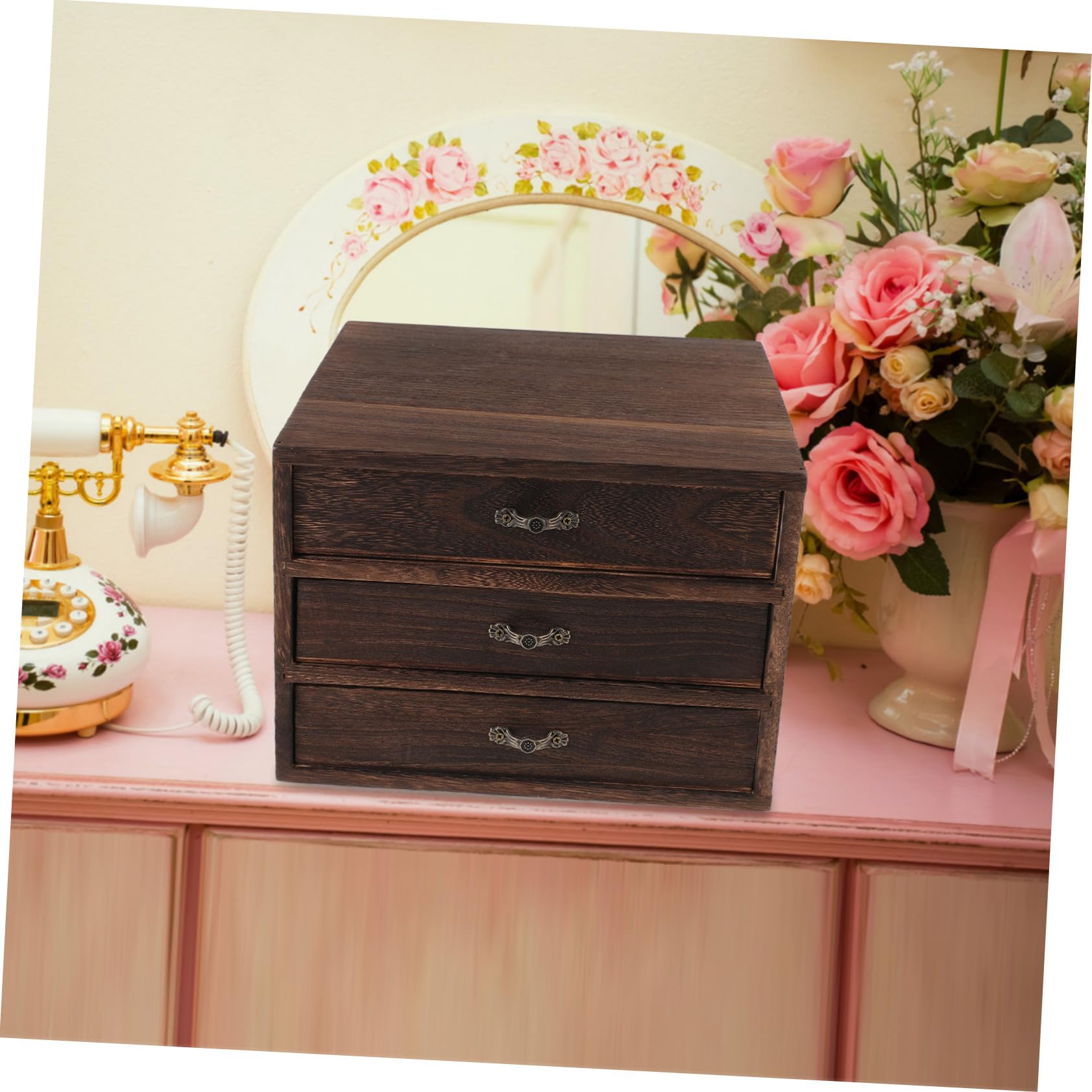 Holz Aufbewahrungsbox mit 3 Schubladen Schreibtisch Organizer aus Massivholz Stapelbare Vintage Kasten für Schmuck Büro und Wohnraum