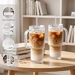 INSETLAN 26oz Gobelet en verre côtelé avec poignée & Couvercle – 2-Pack Grandes tasses de café glacé avec pailles, Tasse en verre moderne pour froid & Boissons chaudes, coupe de voyage esthétique pour smoothies, thé et jus