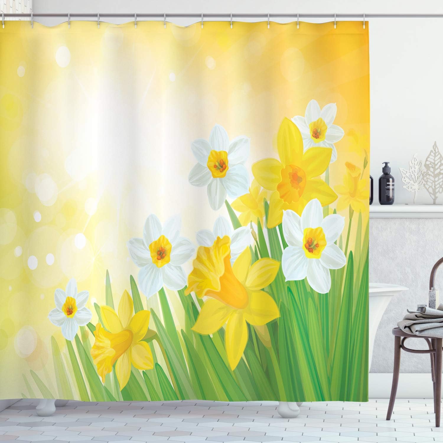 Ambesonne Daffodil Shower Curtain, Daffodils Garden Narcissus Rebirth and New Beginnings Celebration Graphic, Cloth Fabric Bathroom Decor Set with Hooks, 69" W x 70" L, Green Yellow White