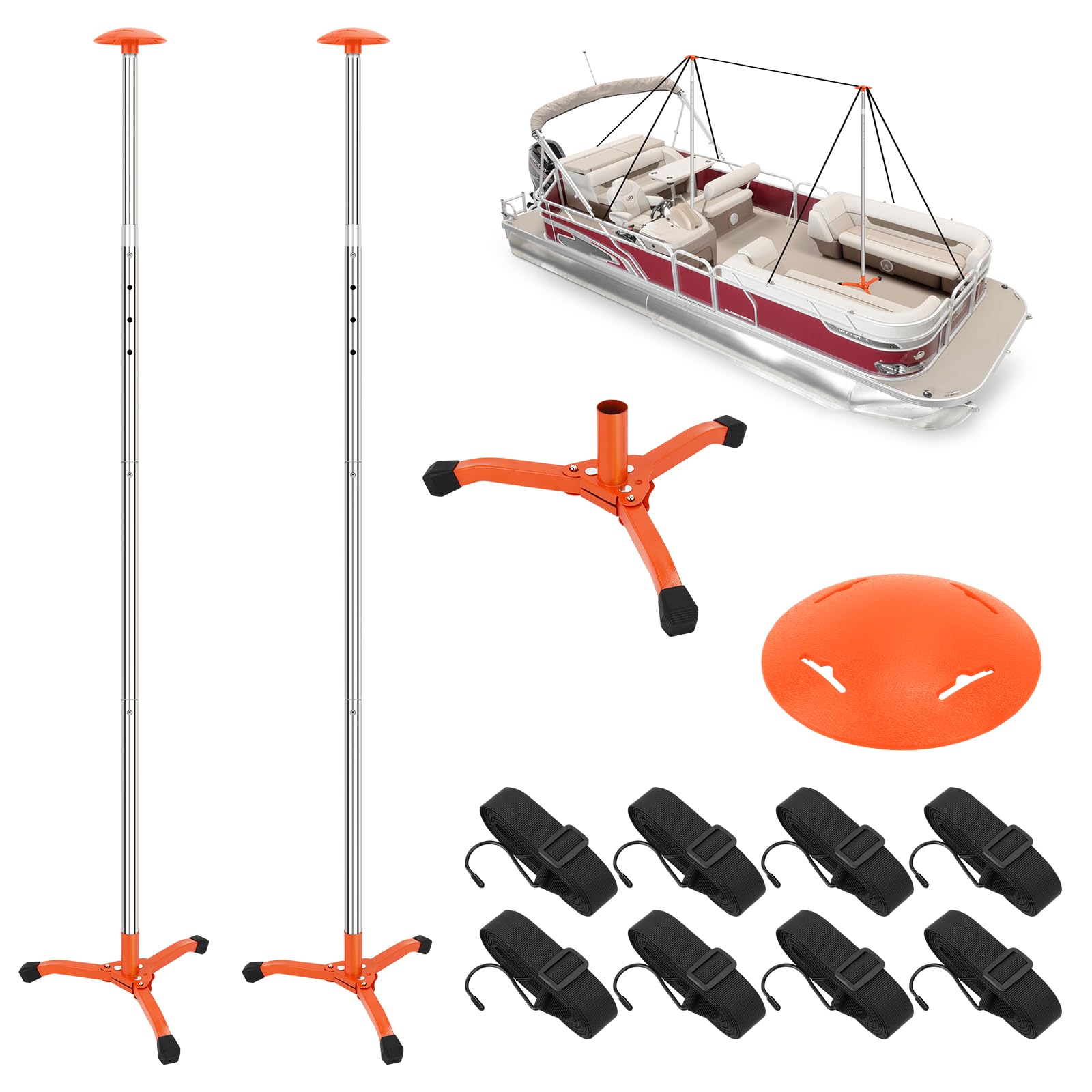 KOMCLUB Set 2 pali supporto copri barca telescopici in acciaio inox | Asta interamente in acciaio inox anti-corrosione marina, Kit completo con 8 cinghie resistenti dotate di ganci metallici
