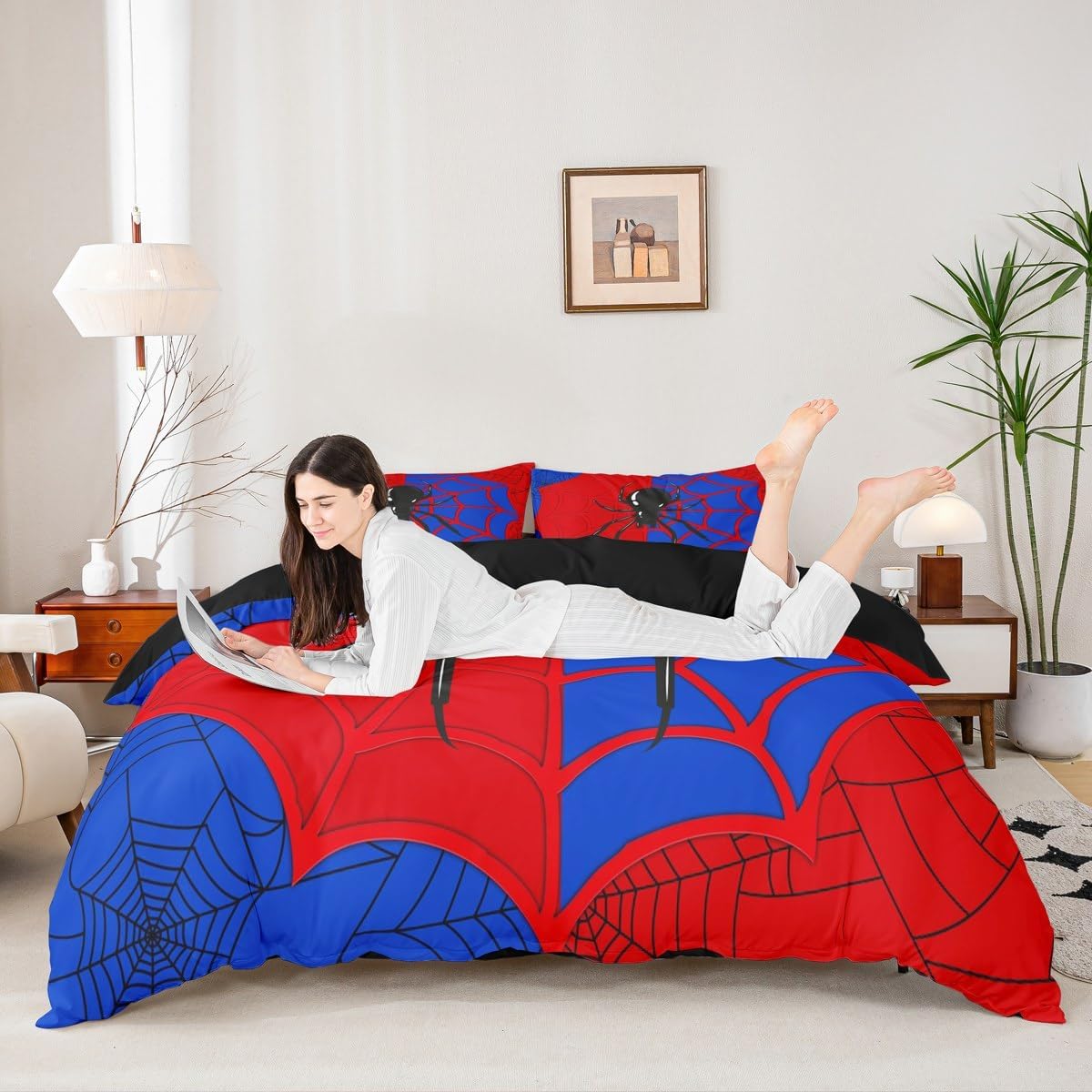 Spider Web Kids Duvet Cover Set Queen Size,Black Spider Arachnid Insect Animals Bedding Set,Boys Girls Women Men Room Decor,Halloween Gothic Red Blue Unique Quilt Cover,2 Pillowcases(No Comforter)