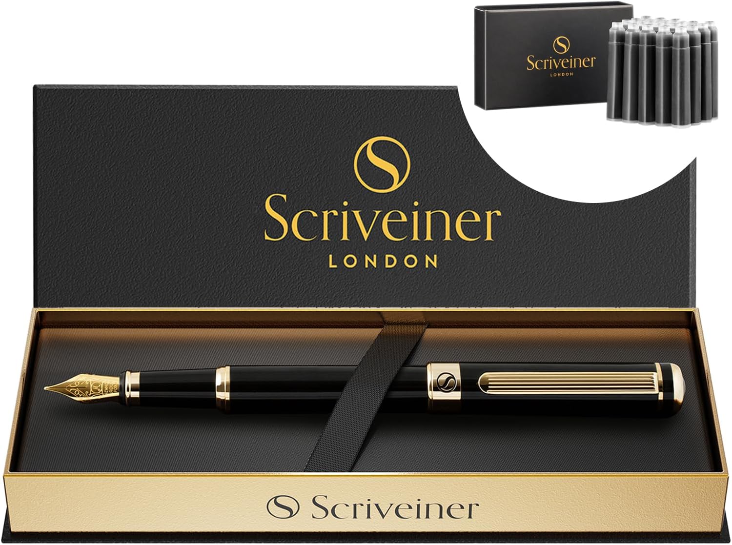 Scriveiner Luxury Fountain Pen - Stunning Black Lacquer Pen, Real Gold Plating, Schmidt Gilded Nib (Medium), Bundle with Fountain Pen Ink Cartridges - Black - 20 Standard International