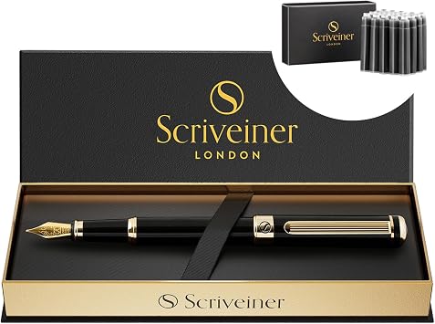 Scriveiner Luxury Fountain Pen - Stunning Black Lacquer Pen, Real Gold Plating, Schmidt Gilded Nib Medium, Bundle with Fountain Pen Ink Cartridges - Black - 20 Standard International