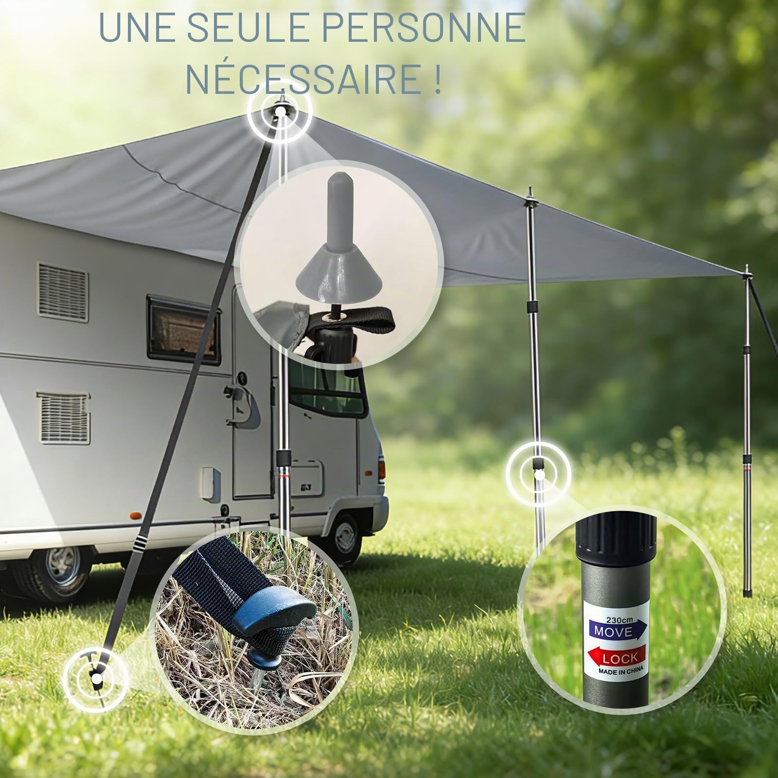Voile d'ombrage avec Bande passepoilée, auvent de Bus, auvent de Voiture, Caravane, Fourgon, Camping Car 3x240m, Rail Auvent(4.6-7mm), ÉTanche et RÉSistant aux UV