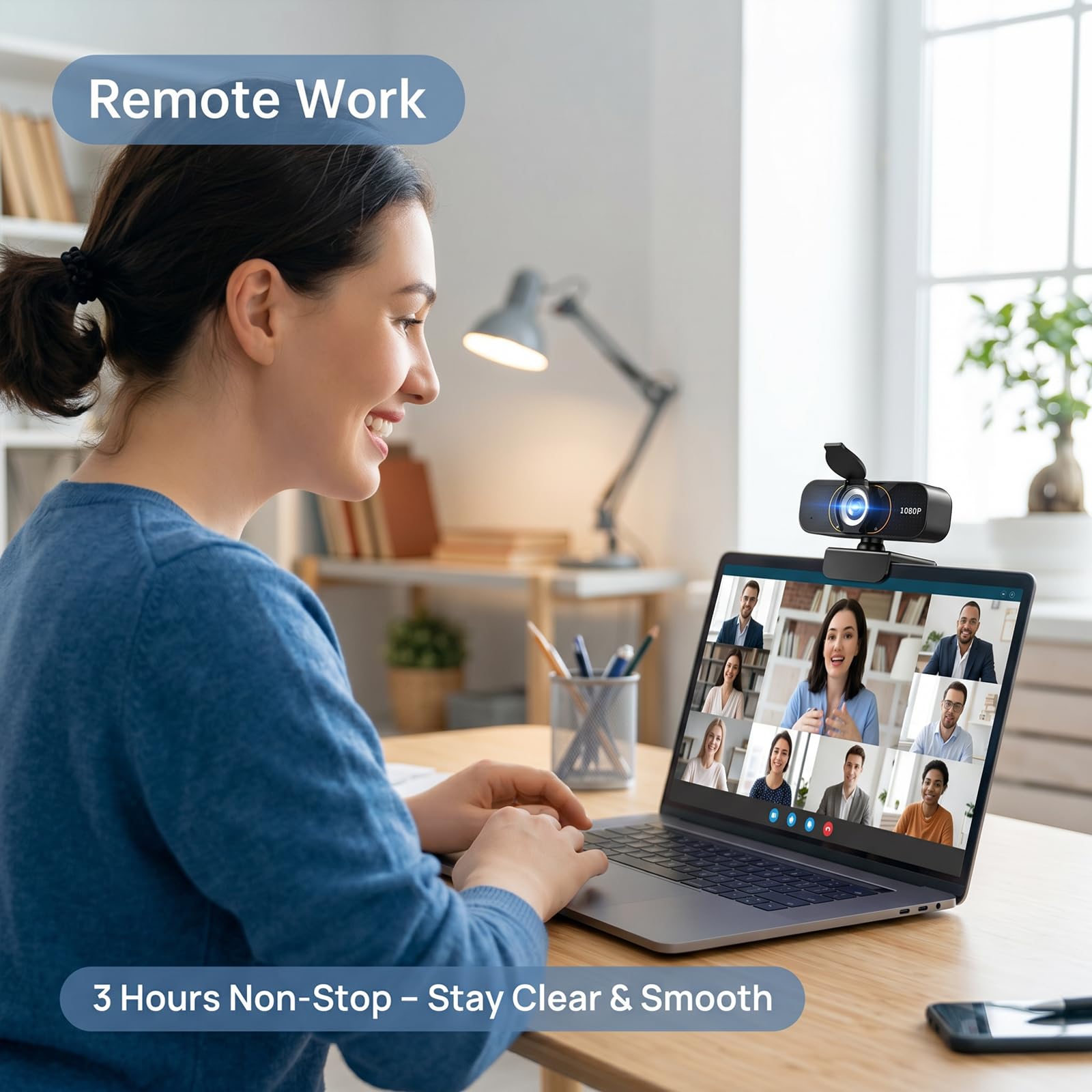 Webcam Full HD 1080p, microfono integrato, treppiede, copertura privacy, correzione automatica della luce e USB plug-and-play, per PC desktop o computer portatile, perfetta per streaming e