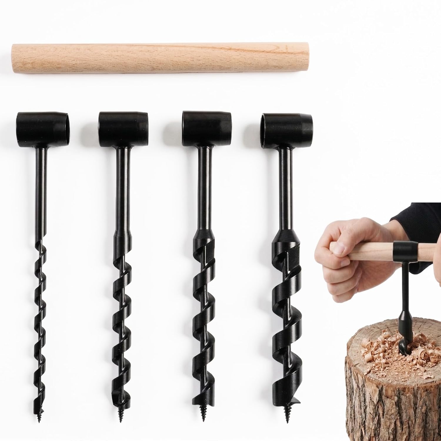4 Pcs Hand Auger Wood Drill, Bushcraft Gear Heavy Duty Steel Hand Guger Scotch Eye, Multipurpose Manual Survival Tools Dril Wood Auger Hand Drill Tool for Camping, Outdoor, Hiking with a Wooden Stick
