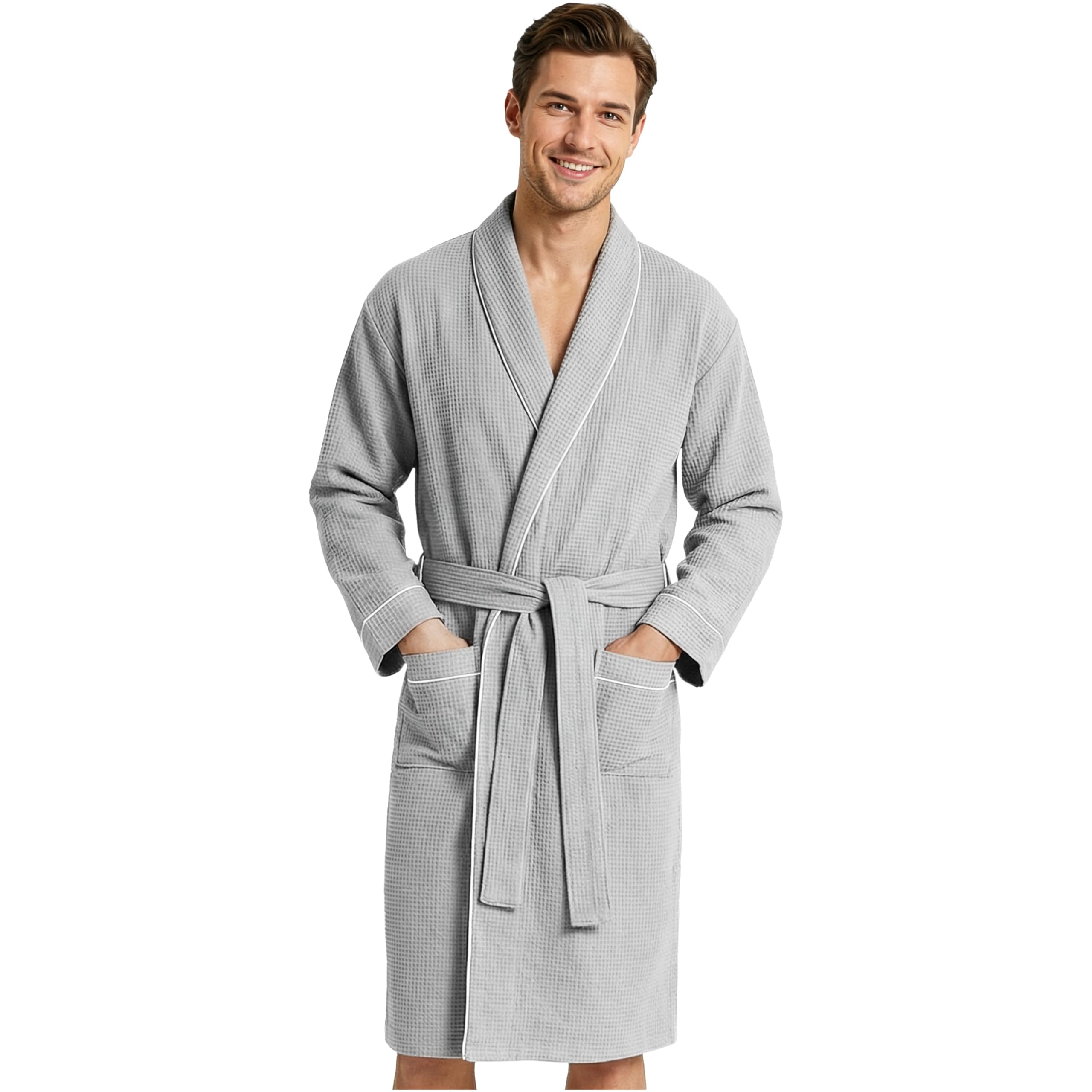 Get Trend Men’s Waffle Bathrobes M-3XL, Shawl Collar Robes, Lightweight Men’s Dressing Gown, Cosy Housecoat Loungewear, Gifts for Him (3XL, Grey)