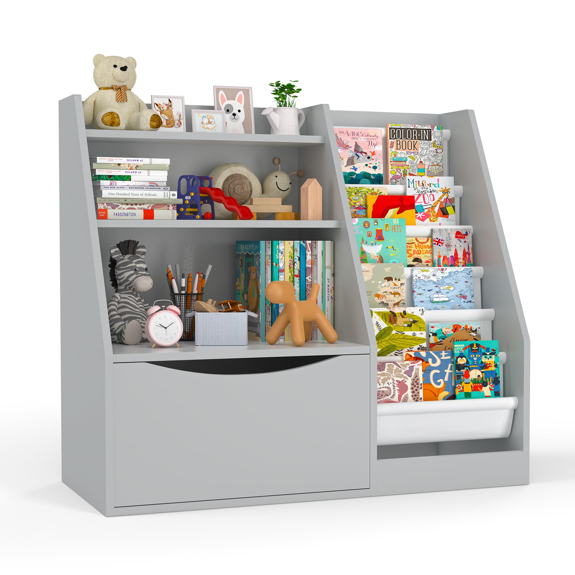 TOETOL Kids Bookshelf & Book Storage,3 Tier Wooden Toddler Bookshelf for Children,Nursery Book Shelves with 6 Sling,Organizer & Book Shelf for Kids