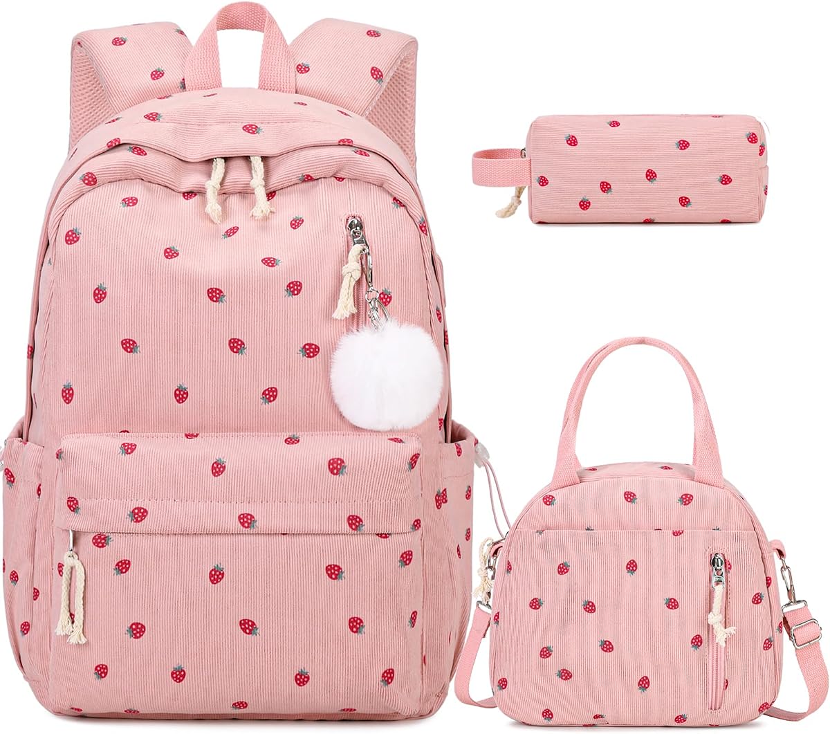 3PCS Corduroy Girls Backpack w/ Lunch Box & Pencil Bag (Pink Strawberry) | Bookbag with Lunch Bag & Pencil Pouch for Teen girl Kids Laptop Backpack for Women, Middle High School College Travel Daypack