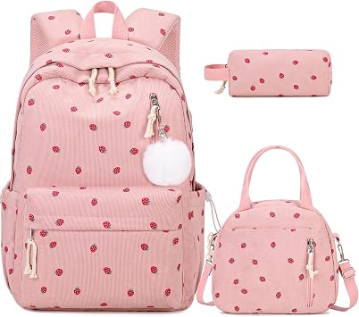 ACESAK Backpack for Girls - Corduroy Girls Backpack with Lunch Bag & Pencil Pouch for Teen Kids Laptop Backpack for Women, Middle High School Bookbag Travel Daypack Pink Strawberry