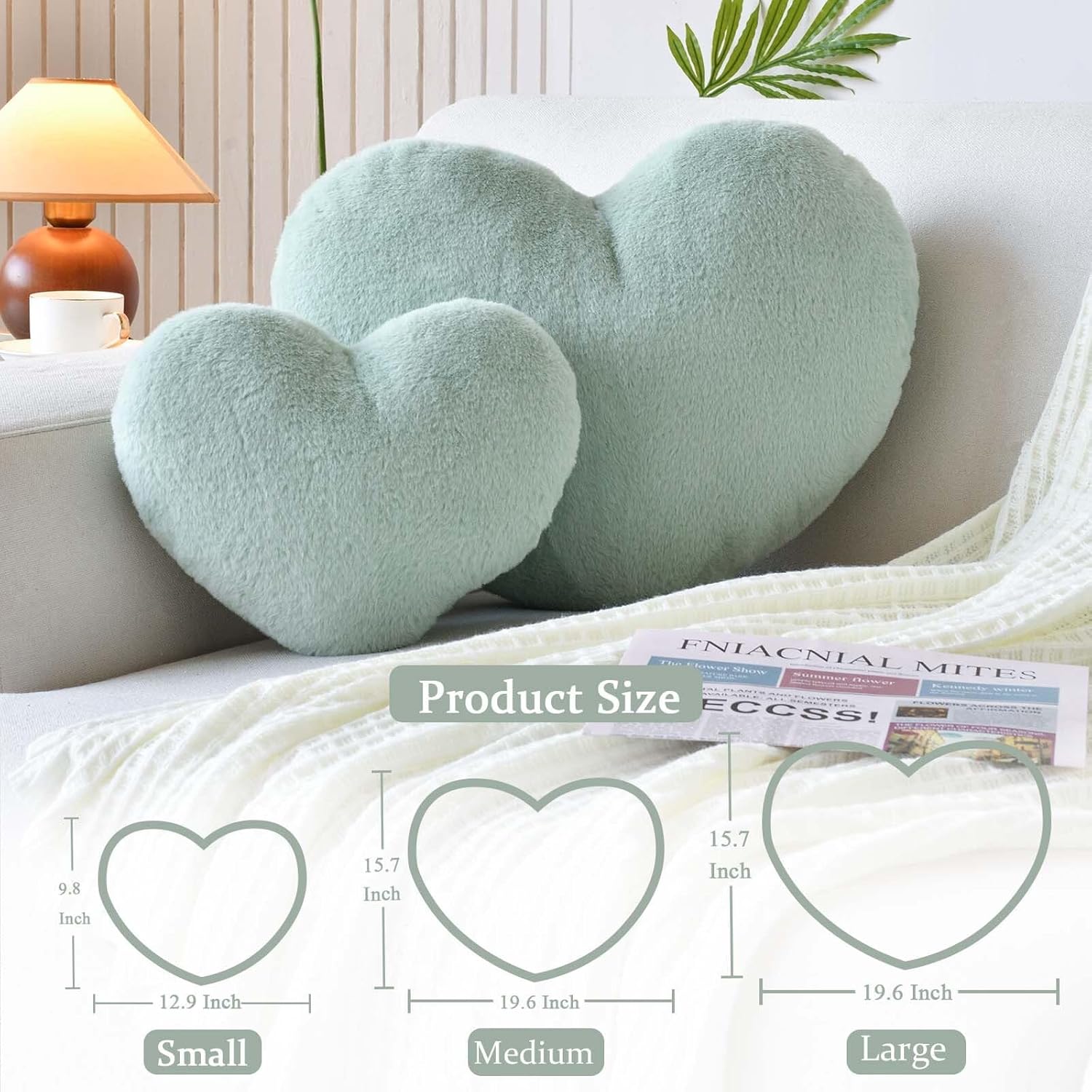 XVTRU Sage Green Heart Pillows, Cute Heart Decorative Pillow, Heart Shaped Throw Pillows for Bed, Faux Rabbit Fur Plush Hoom Decor Pillow Cushion for Chair Sofa Living Room (Large-19.6"x15.7")