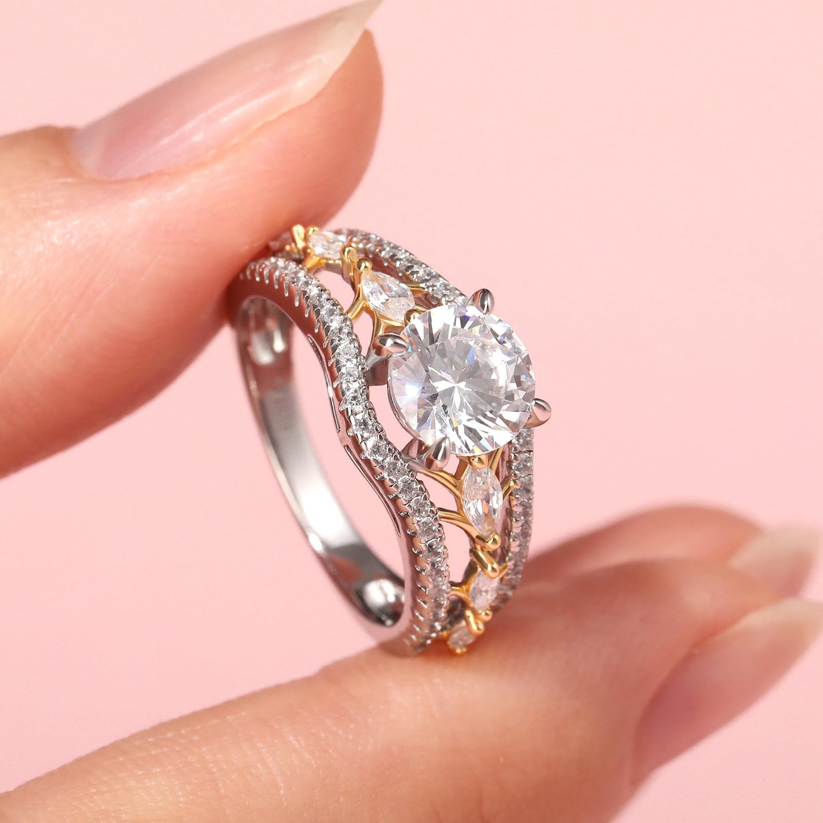 Jeulia Bagues rondes en argent sterling pour femme bagues de fiançailles bicolores avec boîte à bijoux pour femme, petite amie, anniversaire de mariage, Saint-Valentin