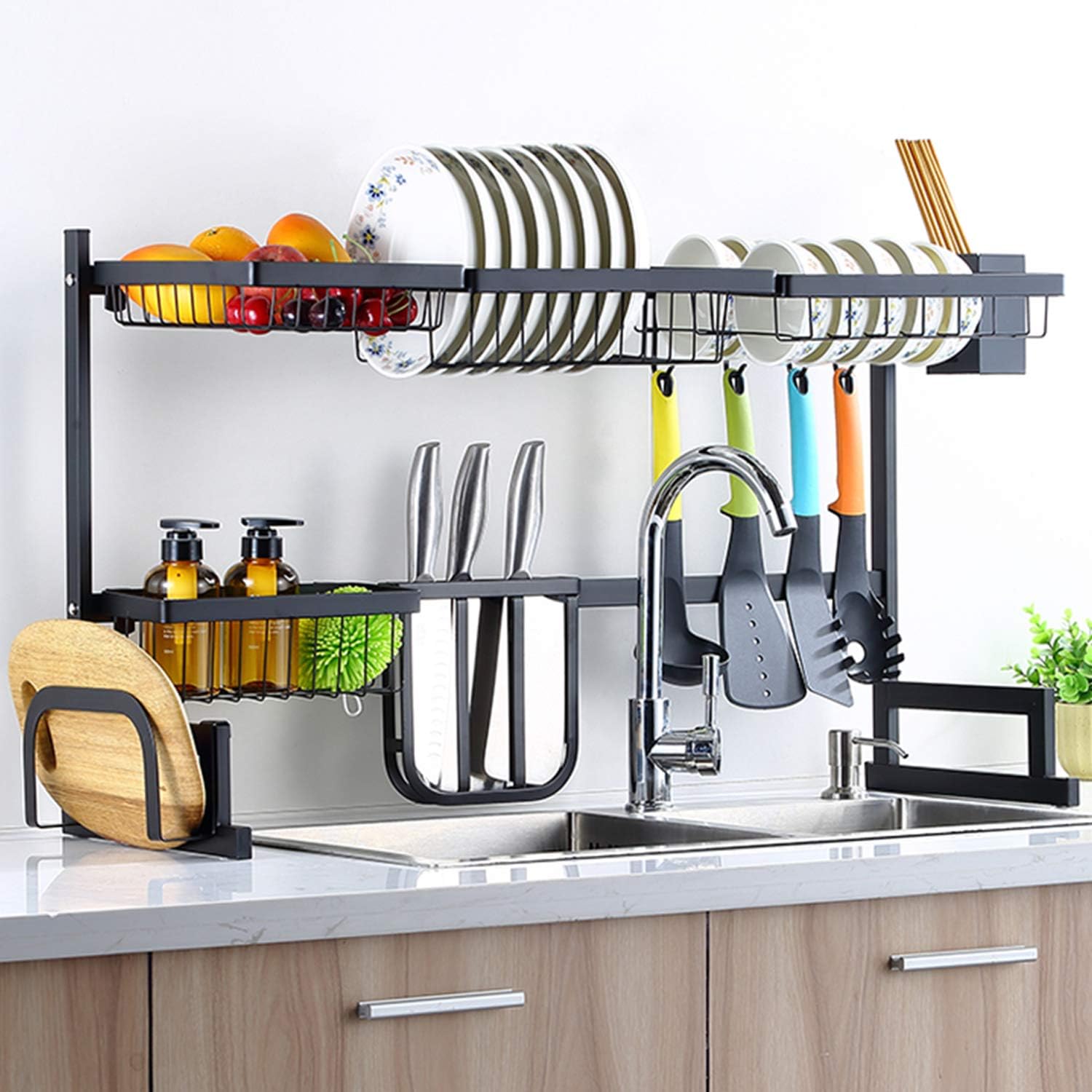 Sincalong Over Sink Dish Singalong Stainless Steel Kitchen Drainer Drying, Sturdy Storage Shelf, Tableware Rack, Length Adjustable 33" to 40", L, Black